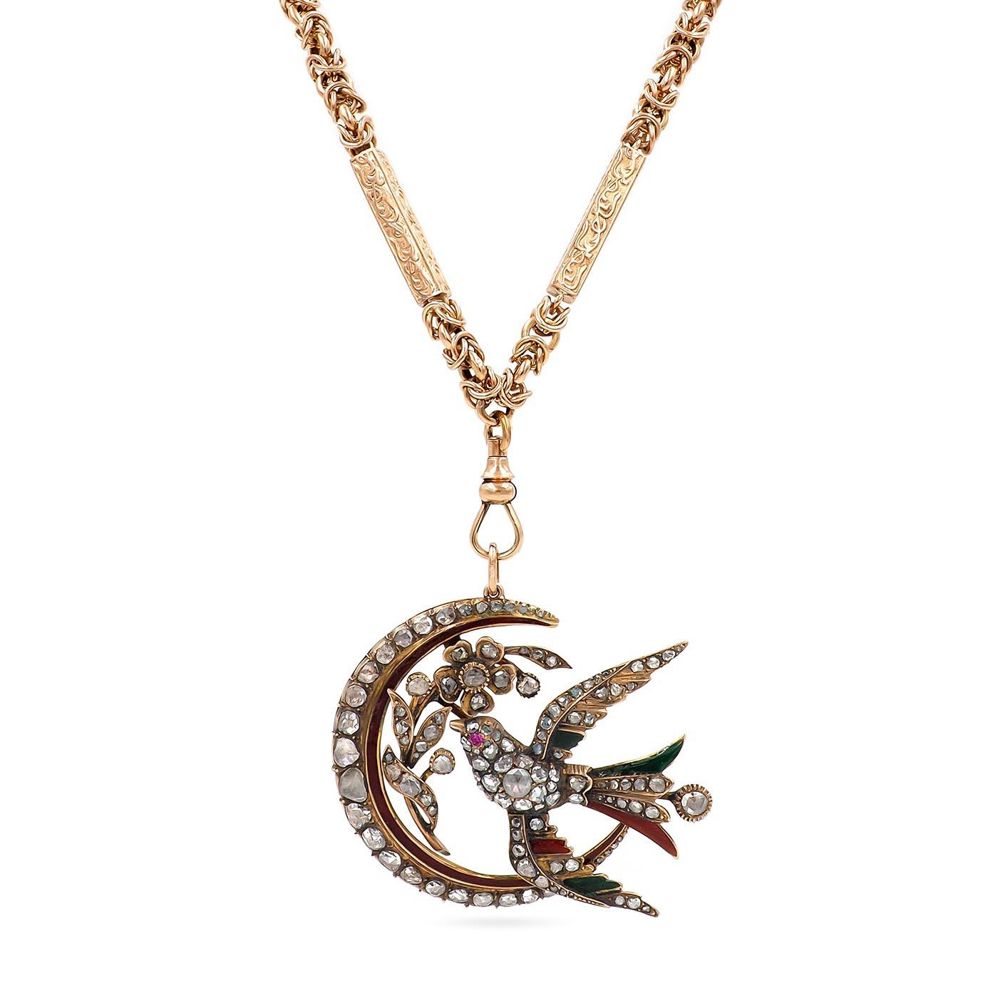Victorian 3.00 Ctw. Diamond & Enamel Whimsical Crescent Moon Pendant Necklace
