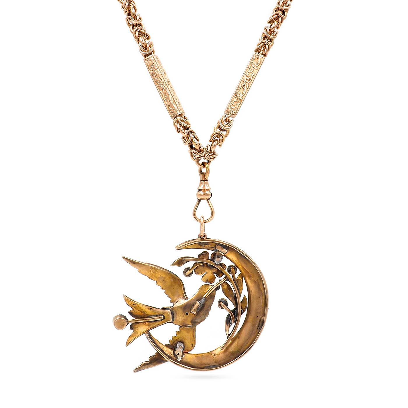 Victorian 3.00 Ctw. Diamond & Enamel Whimsical Crescent Moon Pendant Necklace