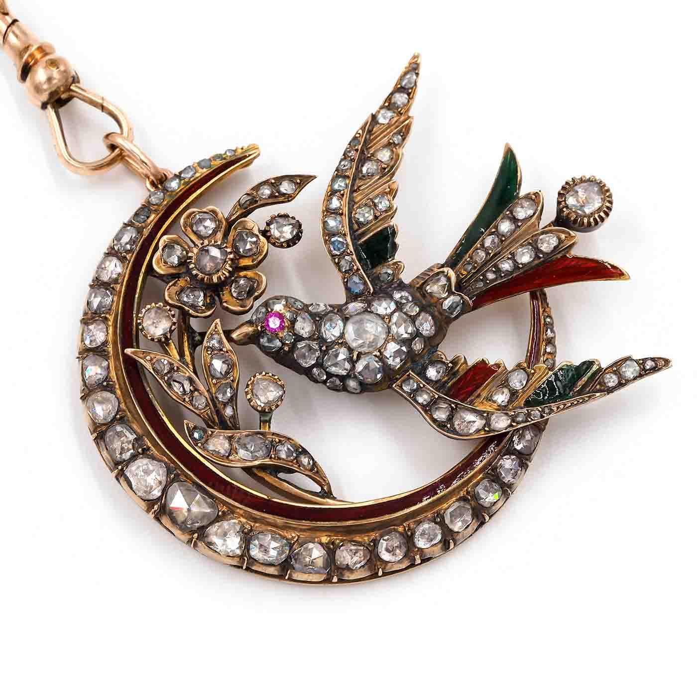 Victorian 3.00 Ctw. Diamond & Enamel Whimsical Crescent Moon Pendant Necklace
