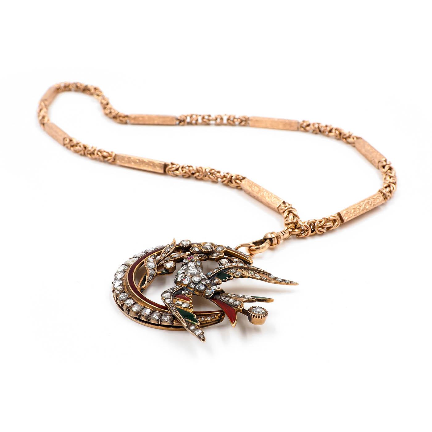 Victorian 3.00 Ctw. Diamond & Enamel Whimsical Crescent Moon Pendant Necklace