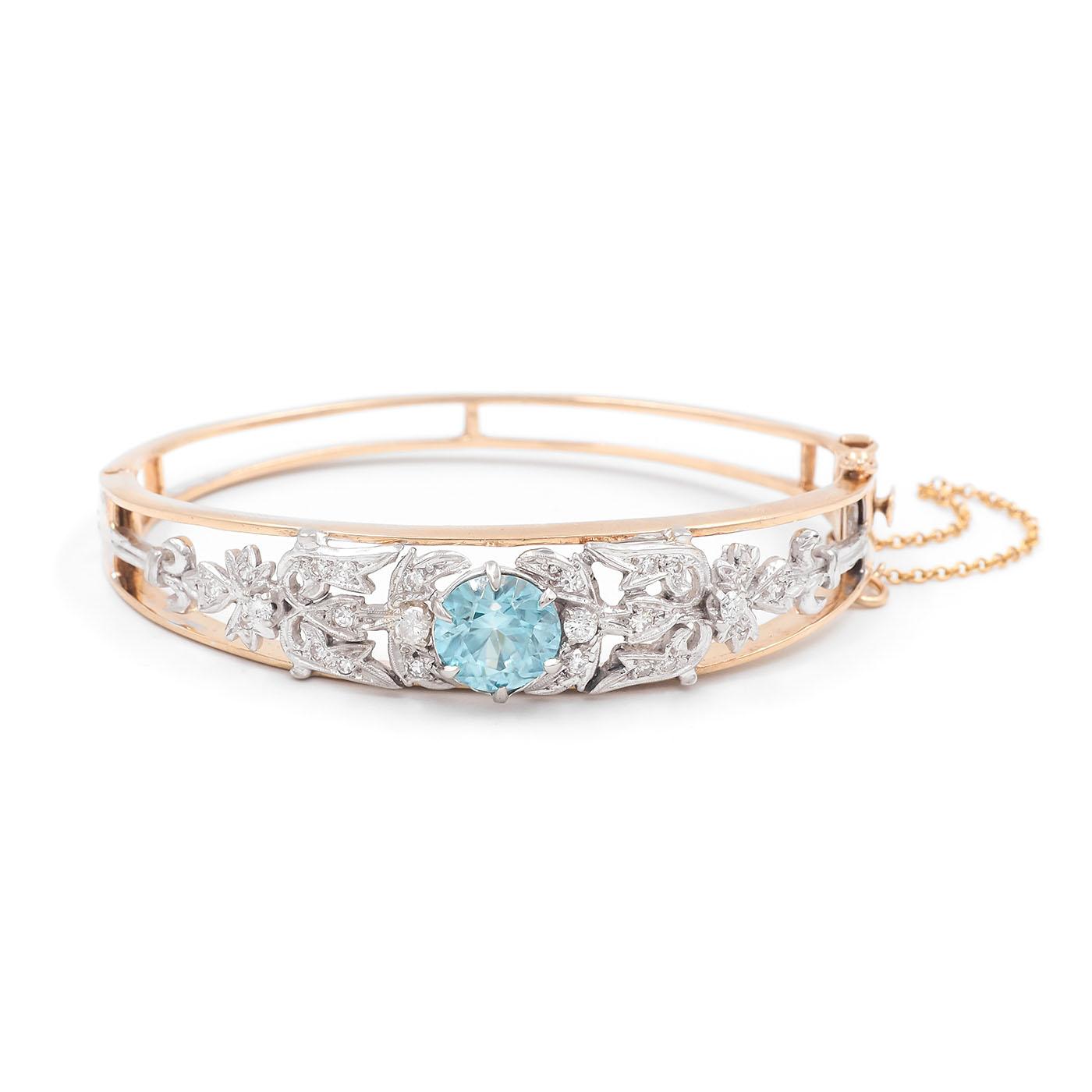 Retro 5.40 Ct. Blue Zircon & Diamond Two-Tone Cuff Bangle Bracelet