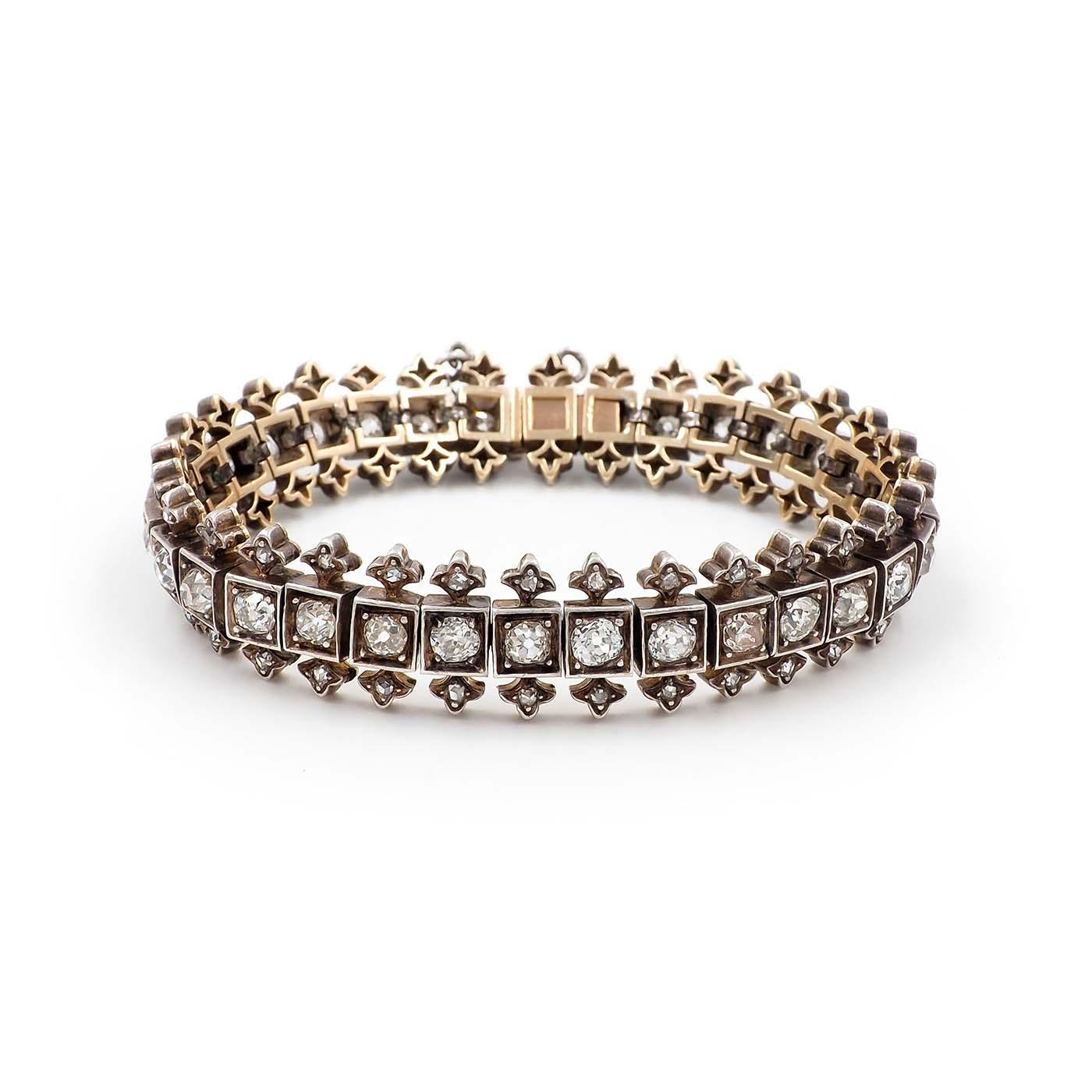 Victorian 9.60 Ctw. Old Mine Cut Diamond & Rose Cut Diamond Ornate Line Bracelet