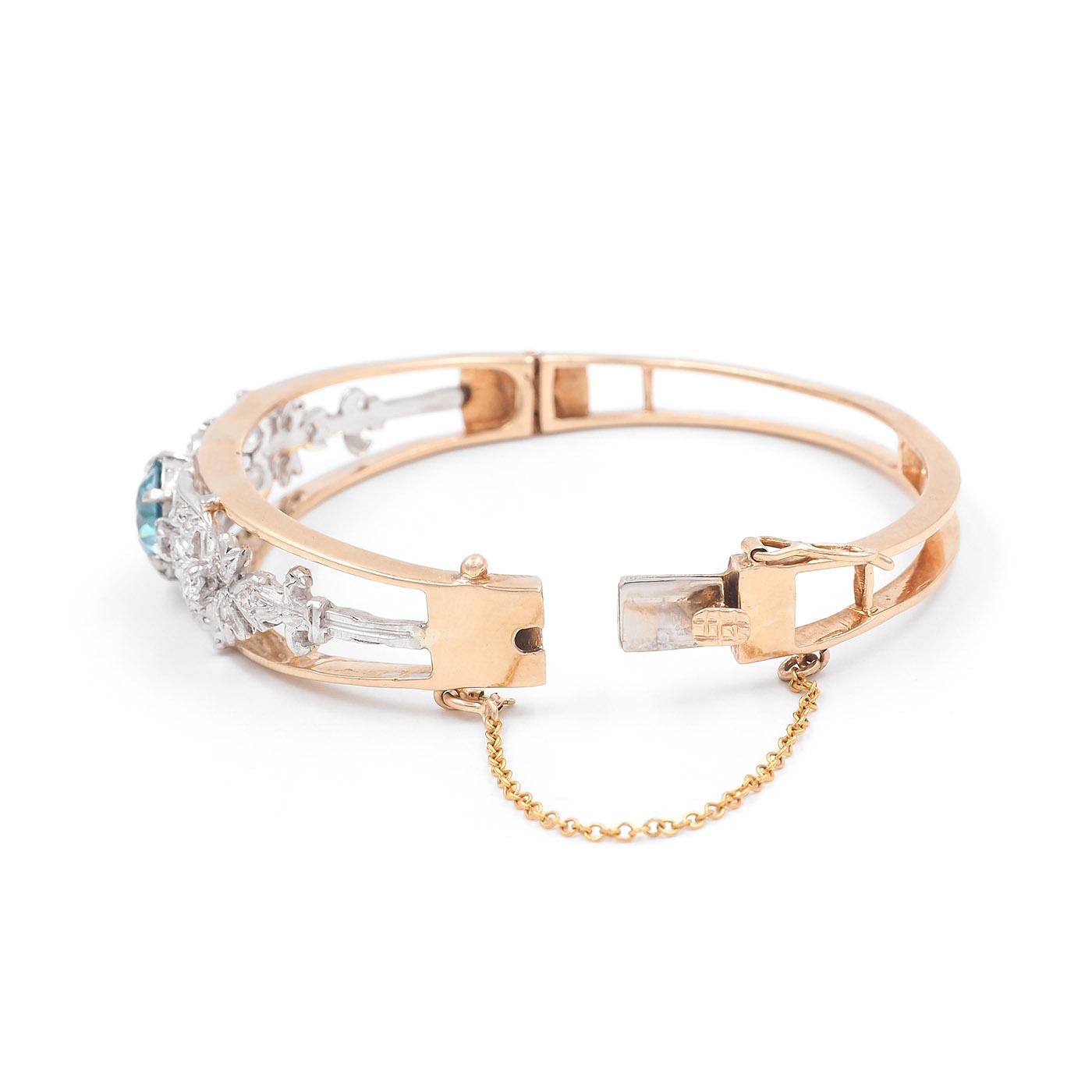 Retro 5.40 Ct. Blue Zircon & Diamond Two-Tone Cuff Bangle Bracelet