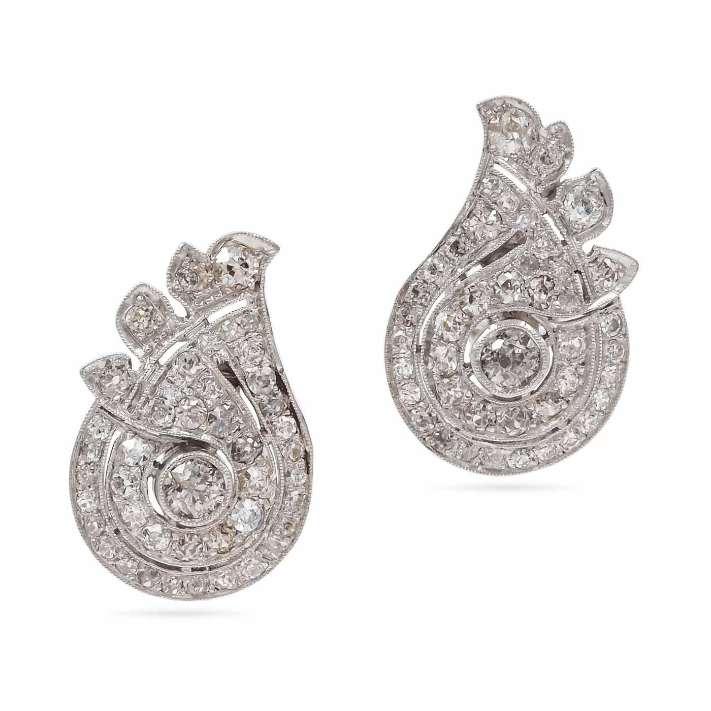 Art Deco 1.80 Ctw. Diamond Paisley-Motif Earrings