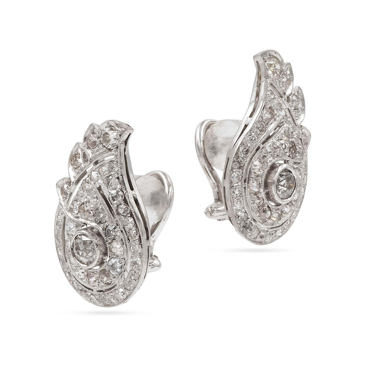 Art Deco 1.80 Ctw. Diamond Paisley-Motif Earrings