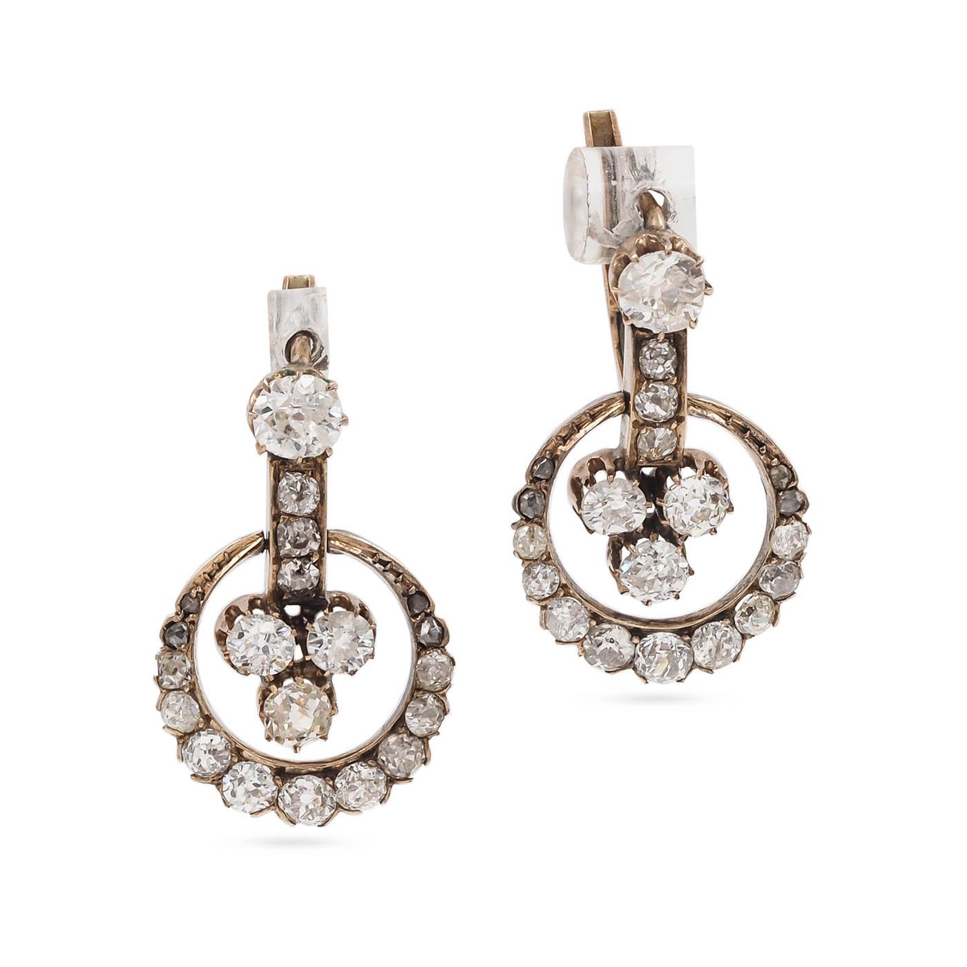 Victorian 2.75 Ctw. Diamond Circular Trefoil Drop Earrings