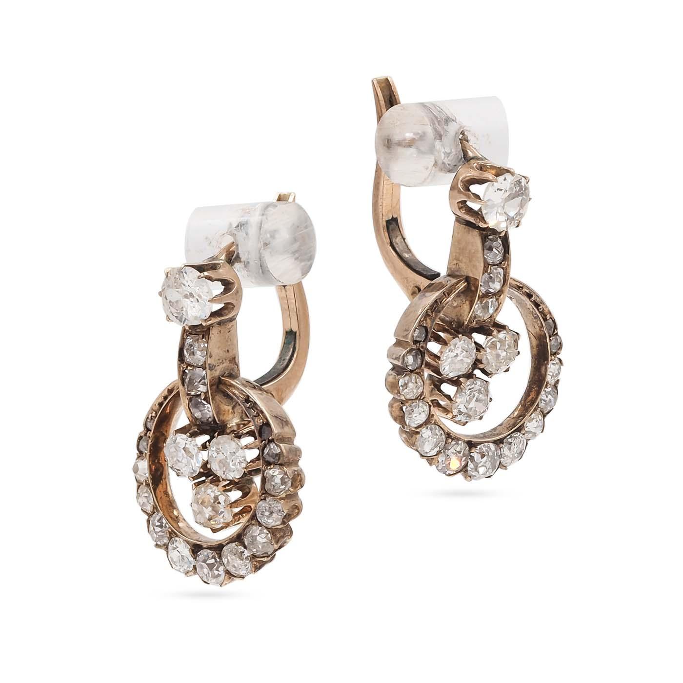 Victorian 2.75 Ctw. Diamond Circular Trefoil Drop Earrings