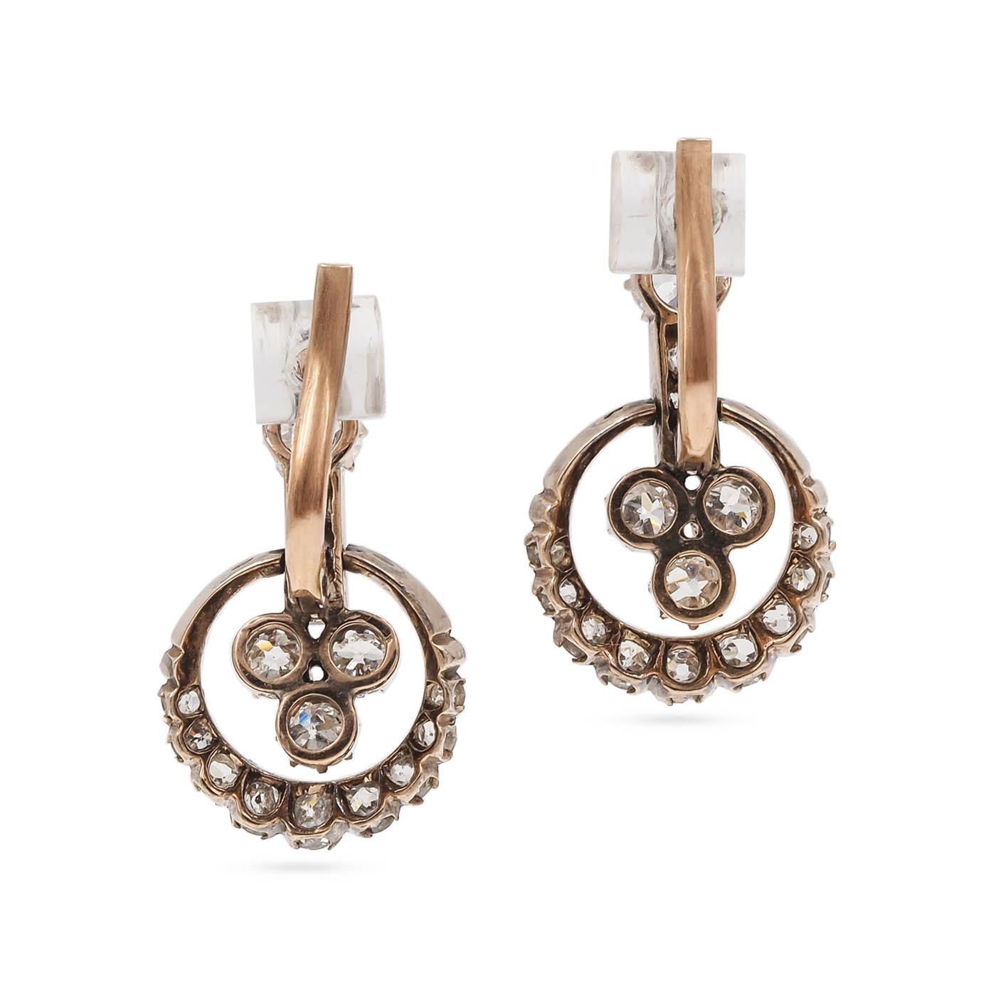 Victorian 2.75 Ctw. Diamond Circular Trefoil Drop Earrings