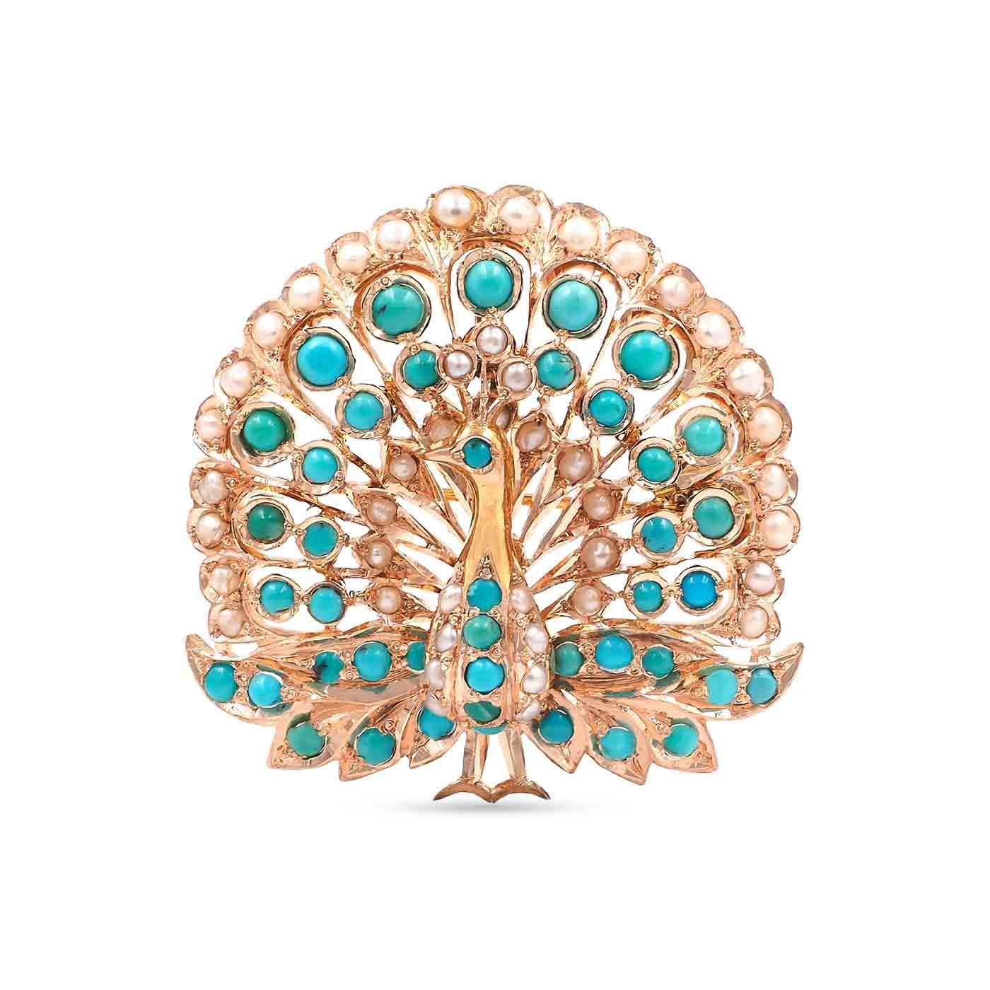 Retro Turquoise & Pearl Peacock Pendant Brooch