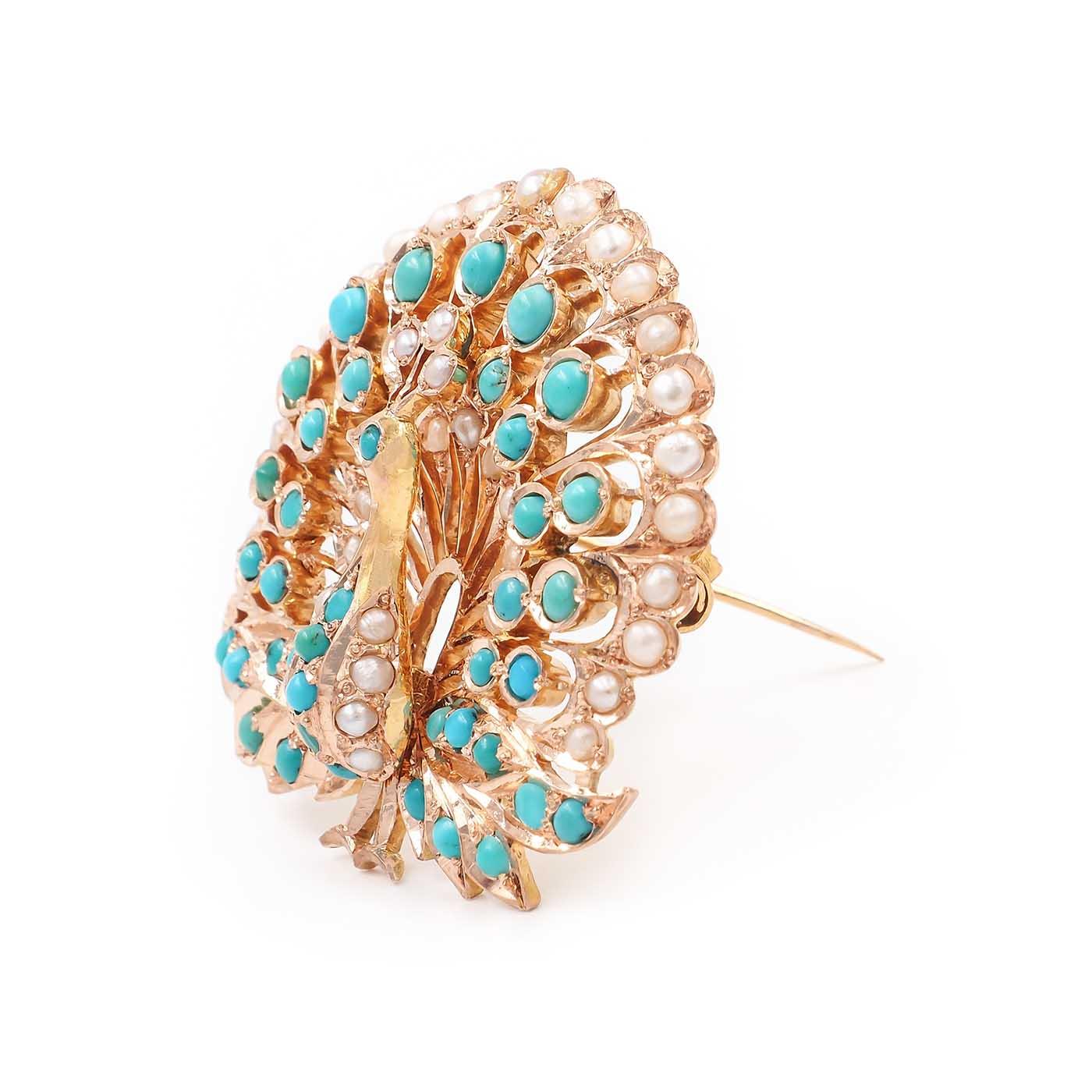Retro Turquoise & Pearl Peacock Pendant Brooch