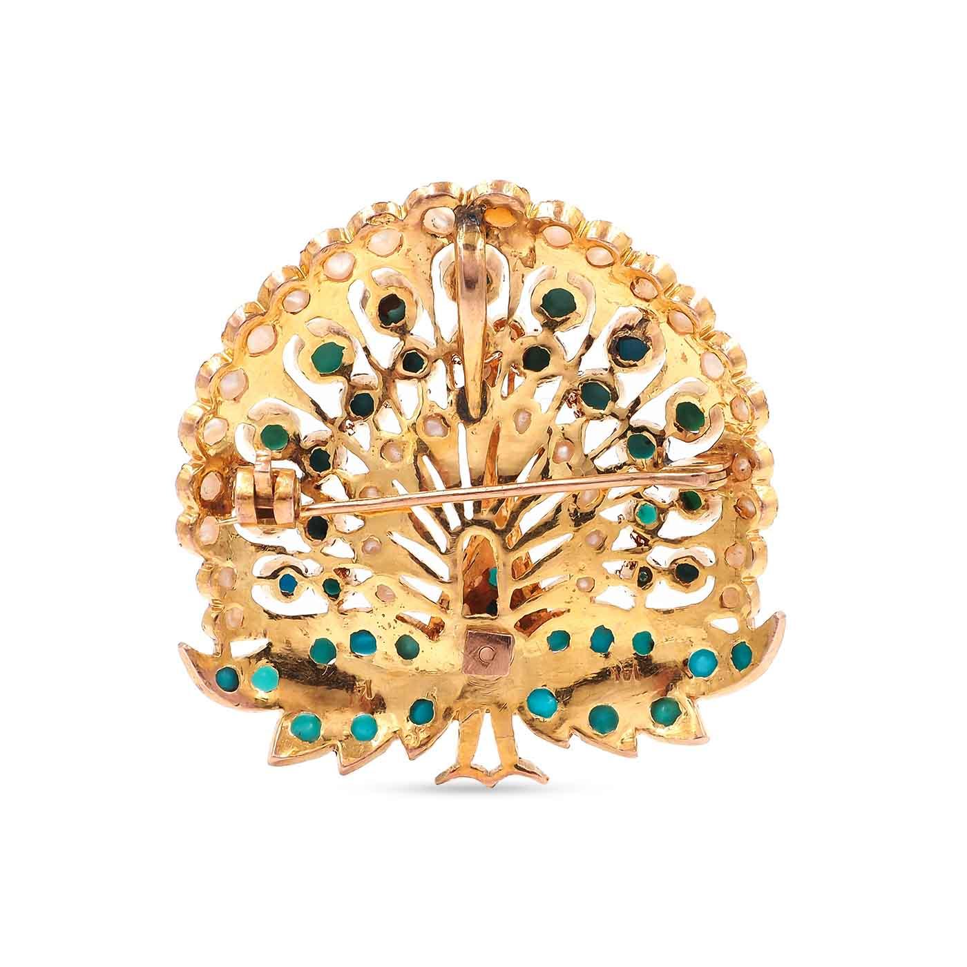 Retro Turquoise & Pearl Peacock Pendant Brooch