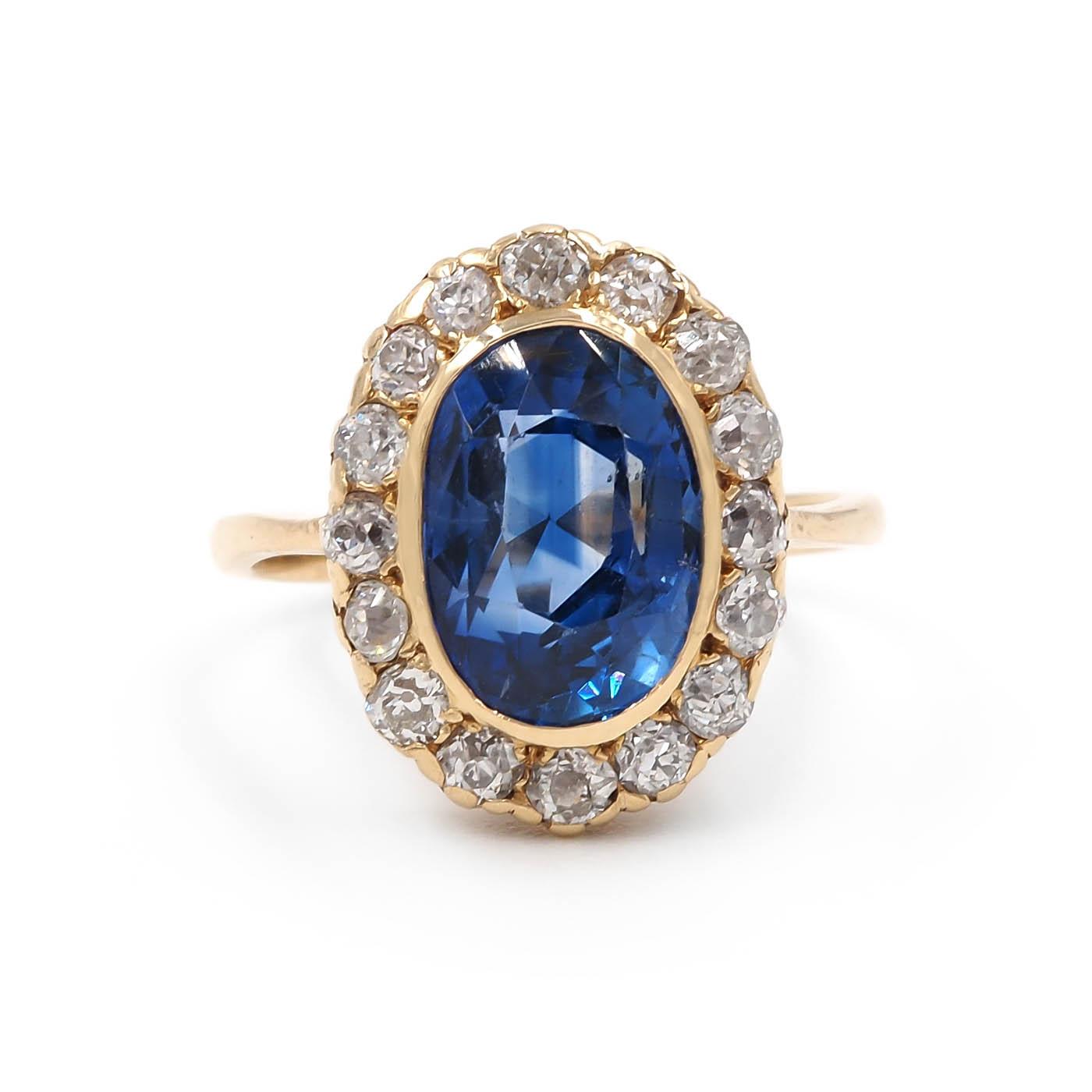 Victorian 4.39 Ct. Oval Sapphire & Diamond Cluster Engagement Ring