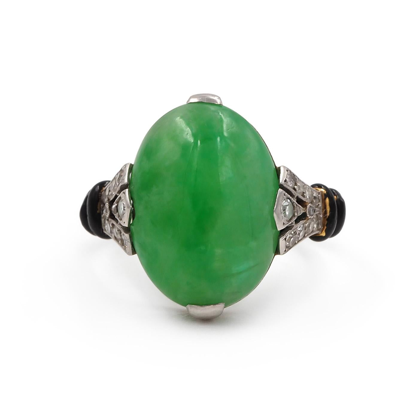 Art Deco Oval Jadeite, Diamond, & Enamel Ring