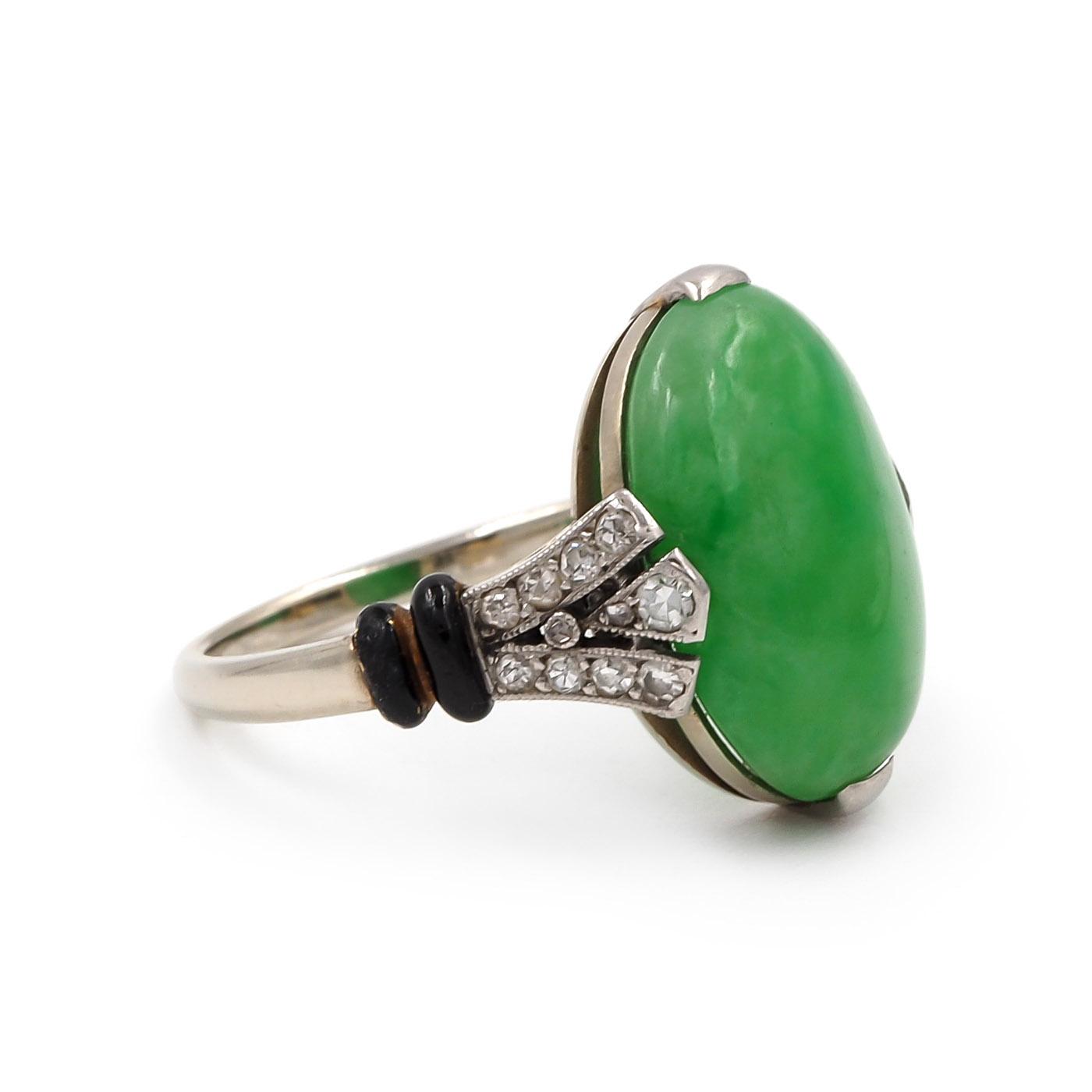 Art Deco Oval Jadeite, Diamond, & Enamel Ring