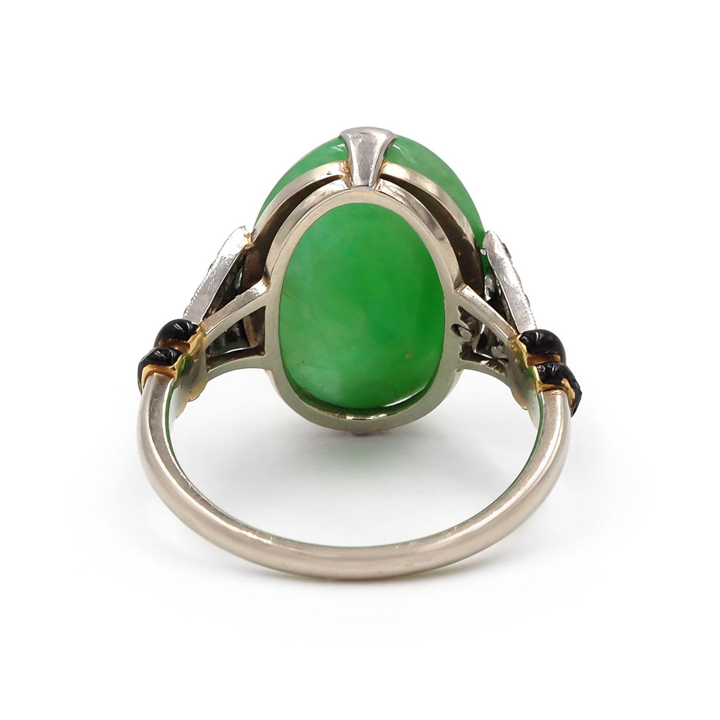 Art Deco Oval Jadeite, Diamond, & Enamel Ring