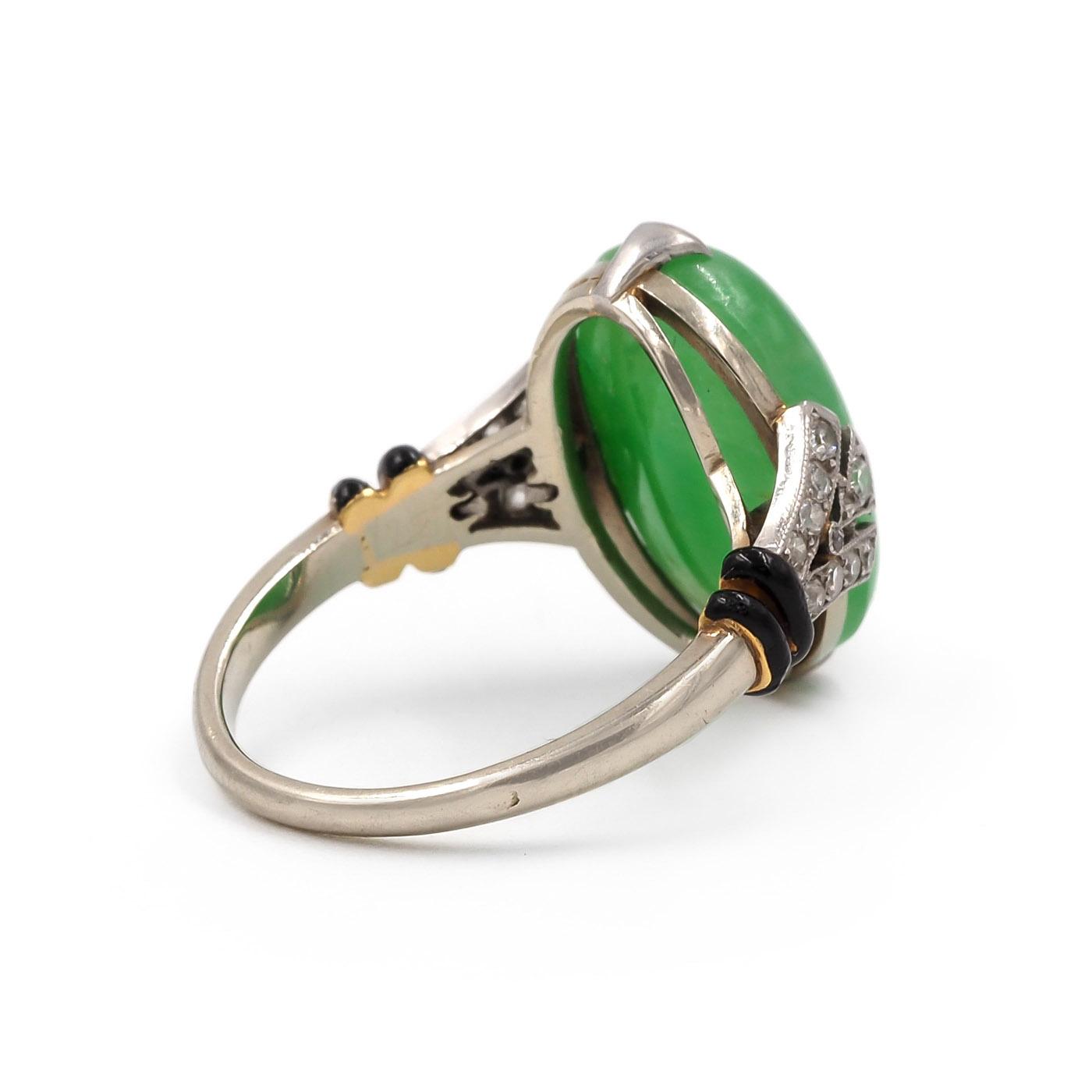 Art Deco Oval Jadeite, Diamond, & Enamel Ring