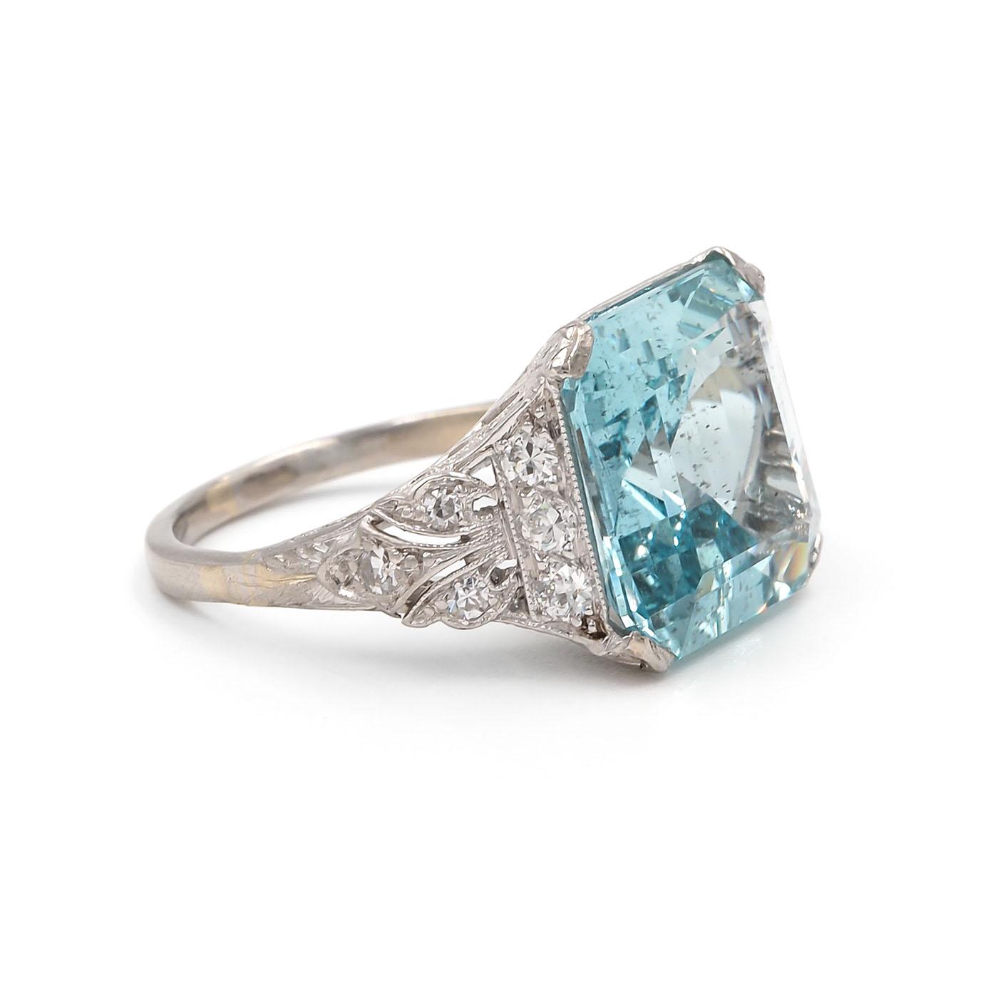 Art Deco 7.37 Ct. Step Cut Aquamarine & Diamond Dinner Ring