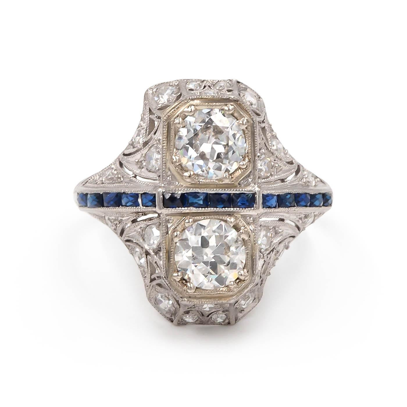 Art Deco 1.24 Ctw. Transitional Cut Diamond & Sapphire 2-Stone Ring