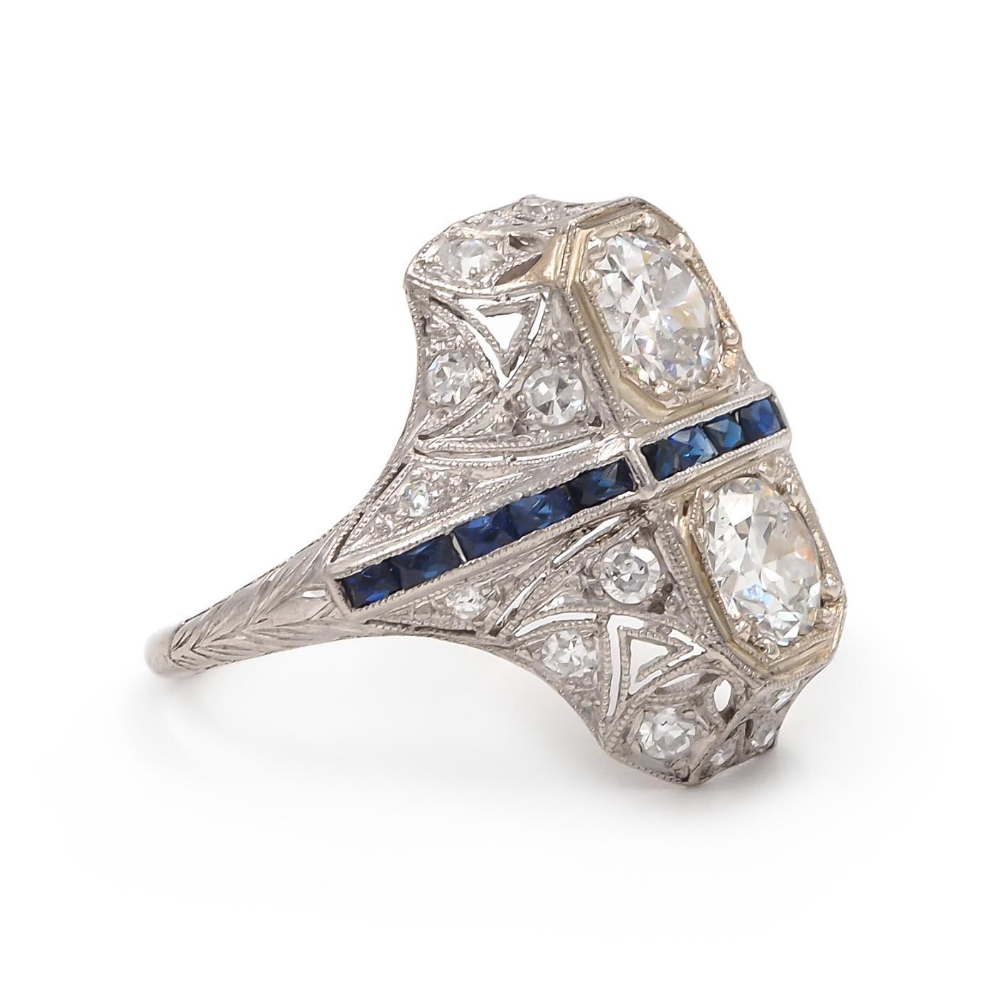 Art Deco 1.24 Ctw. Transitional Cut Diamond & Sapphire 2-Stone Ring