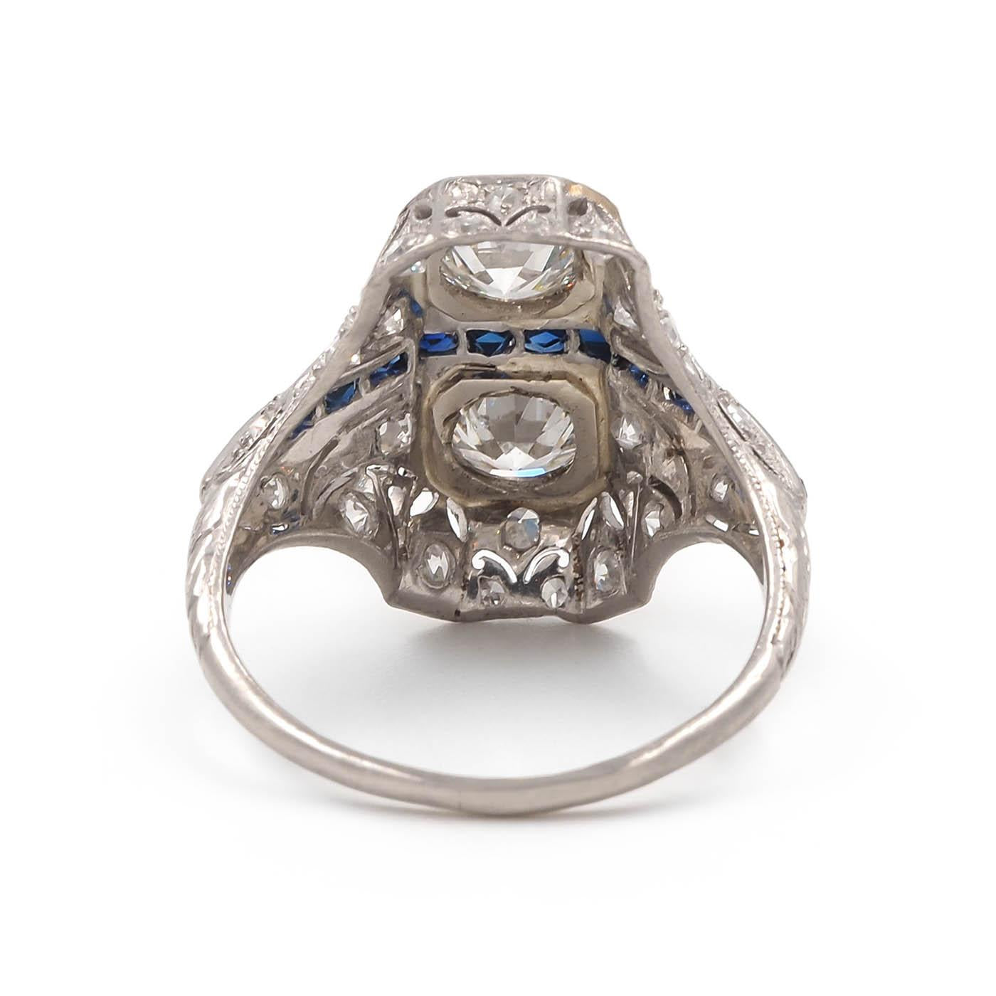 Art Deco 1.24 Ctw. Transitional Cut Diamond & Sapphire 2-Stone Ring