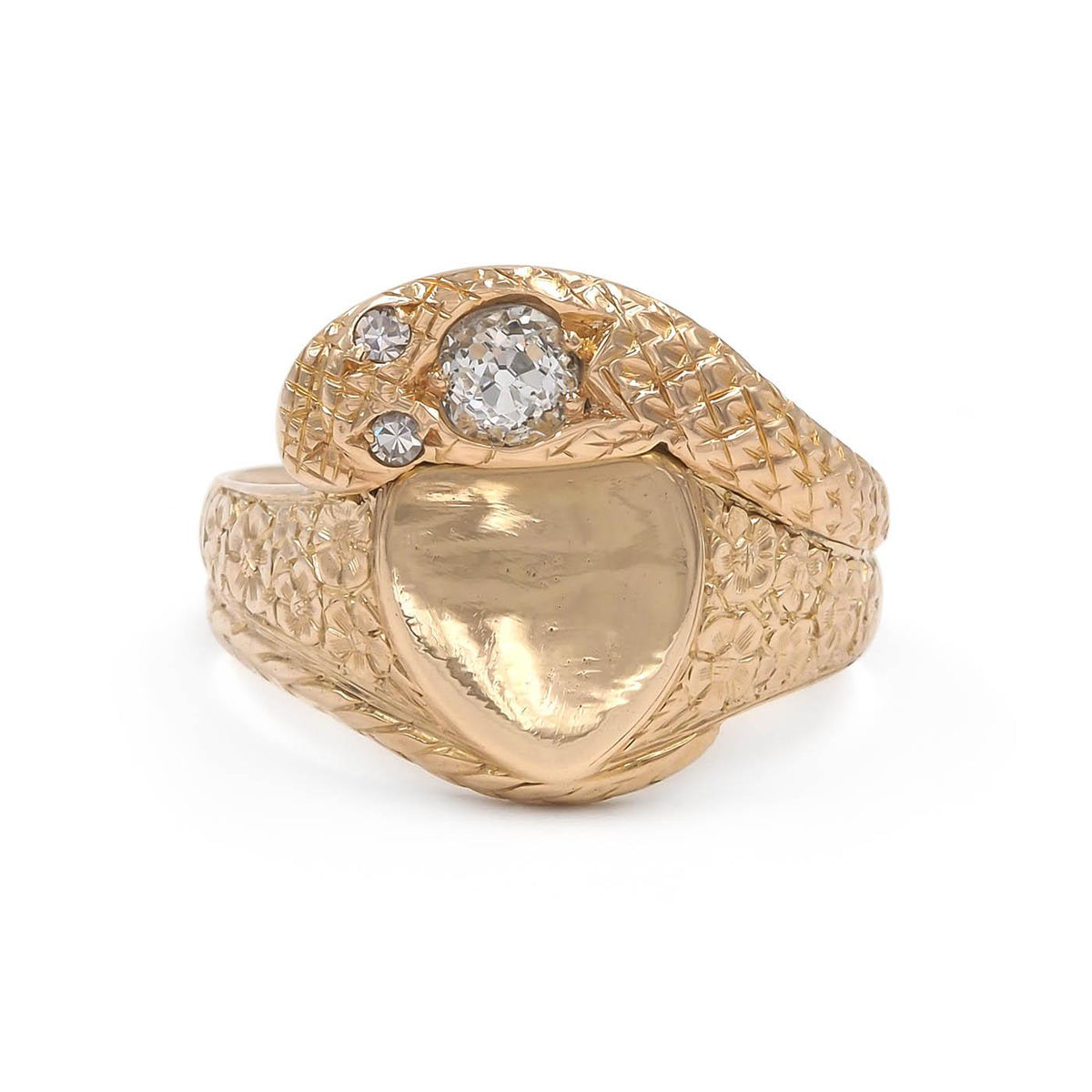 Victorian 0.40 Ct. Old Mine Cut Diamond Snake & Shield Signet Ring