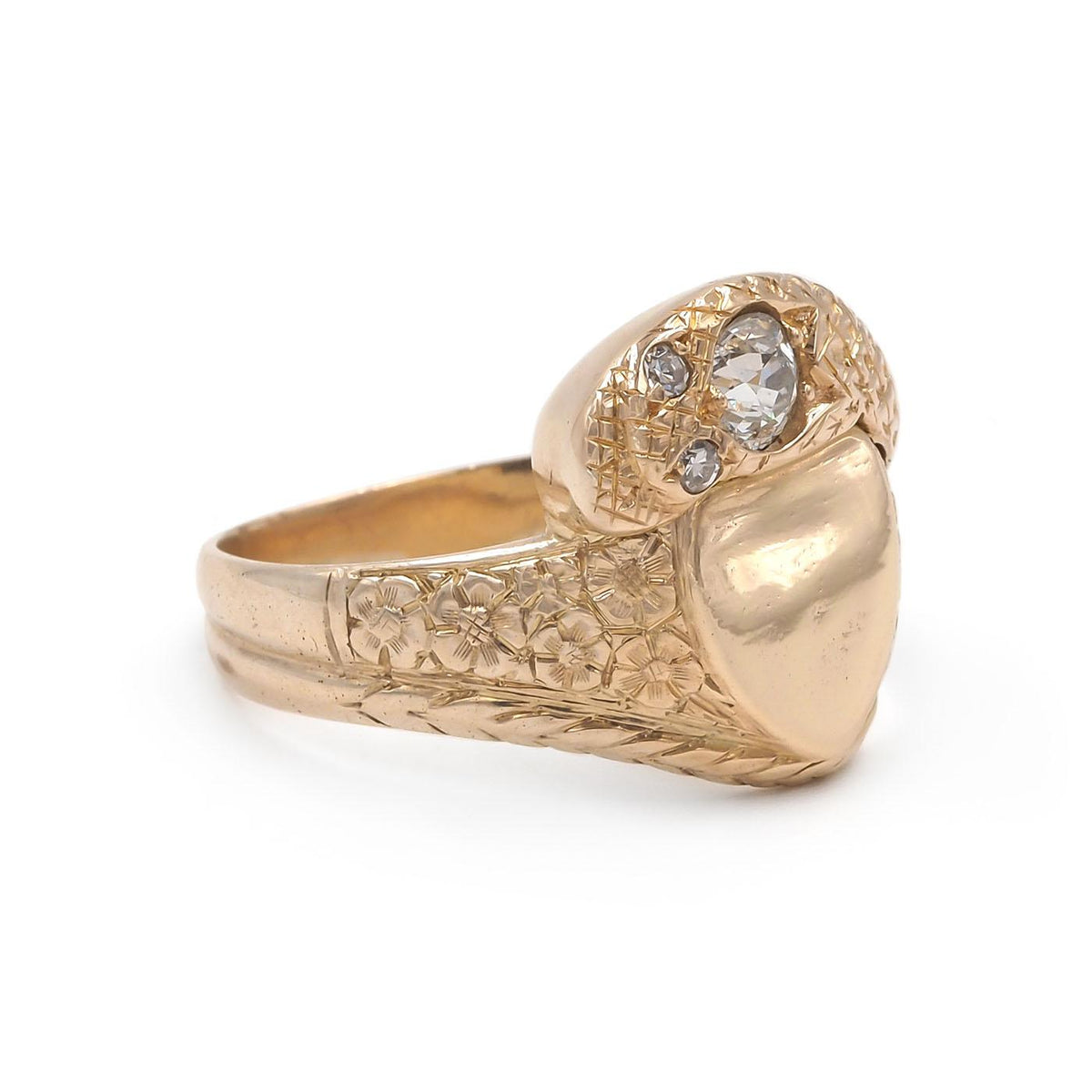 Victorian 0.40 Ct. Old Mine Cut Diamond Snake & Shield Signet Ring