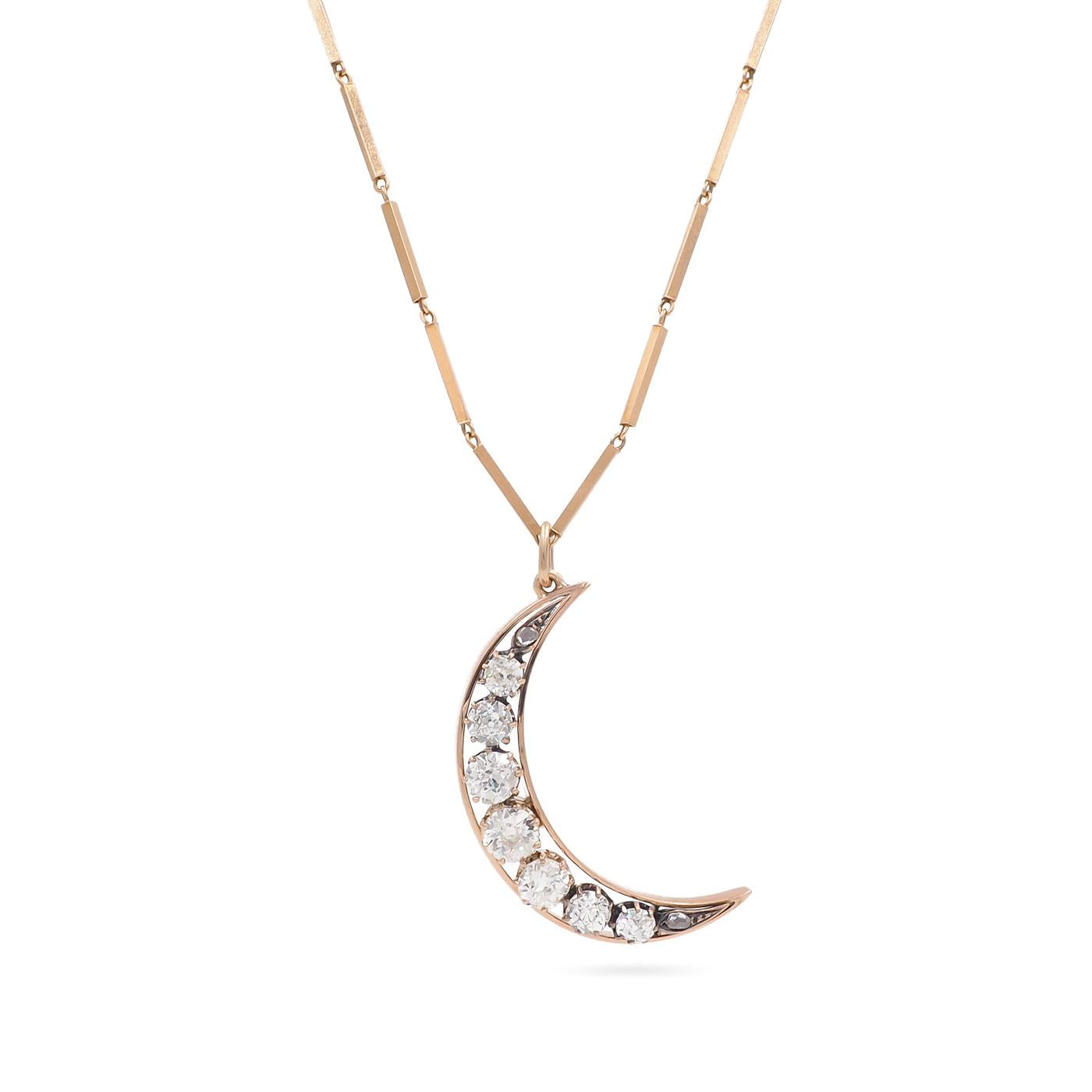 Victorian Old Cut Diamond Crescent Moon Pendant Necklace
