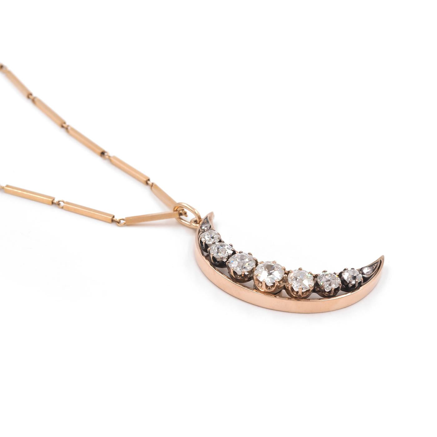 Victorian Old Cut Diamond Crescent Moon Pendant Necklace