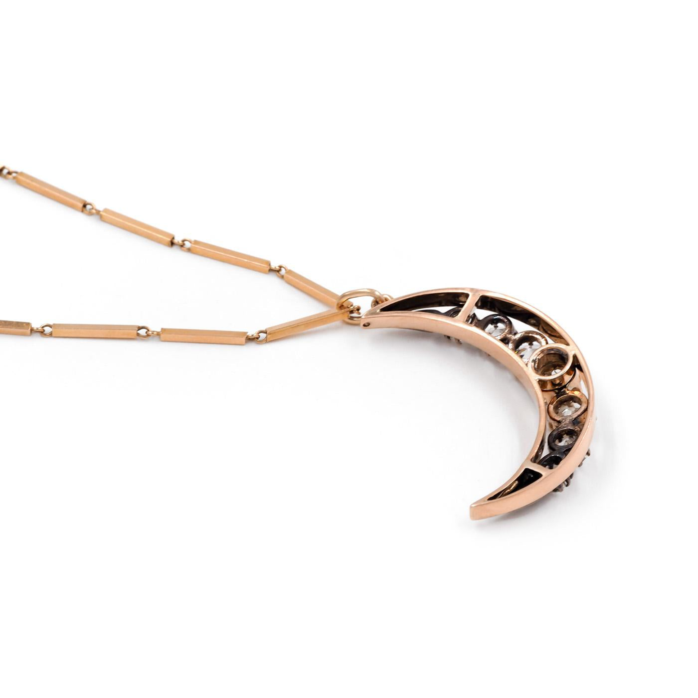 Victorian Old Cut Diamond Crescent Moon Pendant Necklace