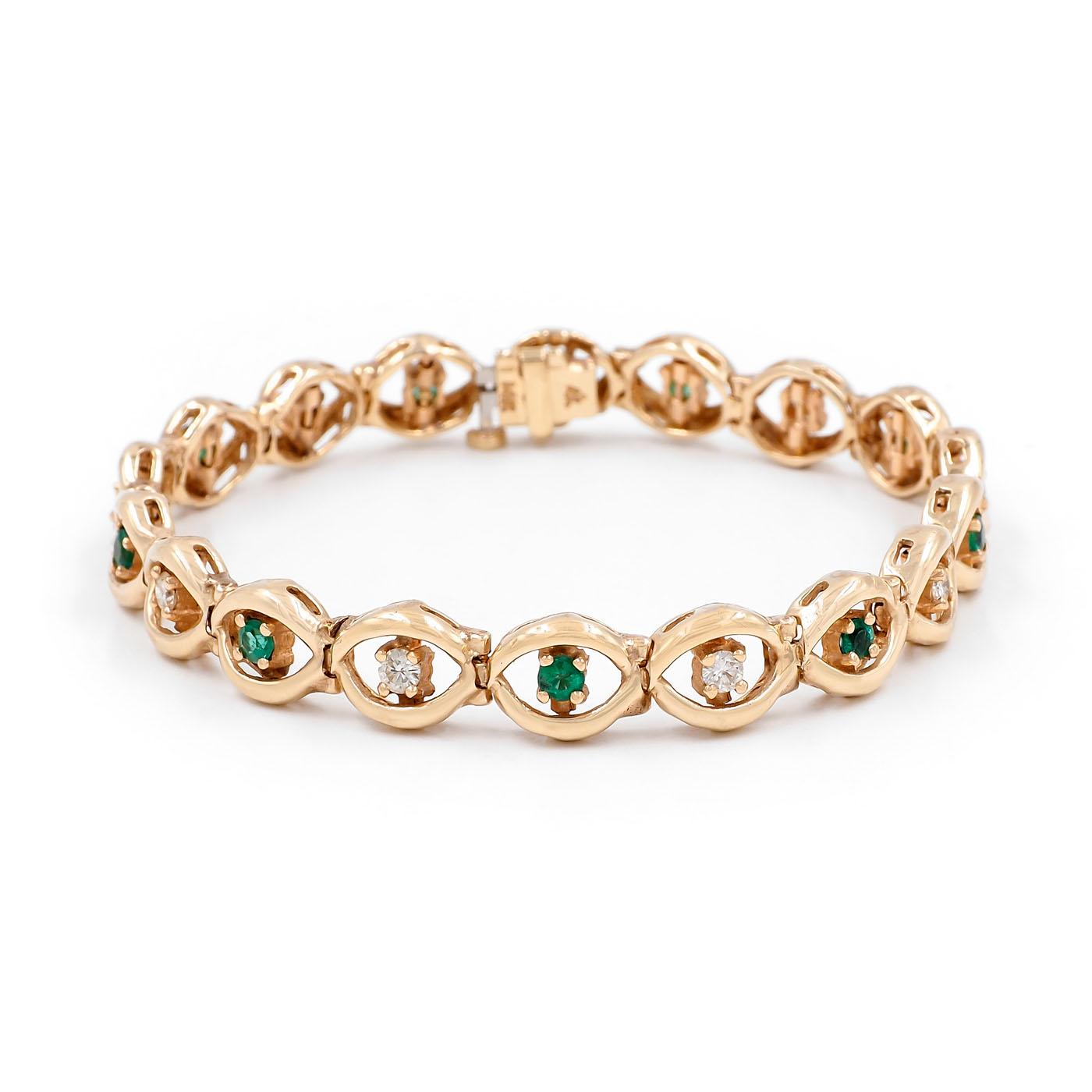 Vintage Diamond & Emerald Oval-Link Gold Bracelet