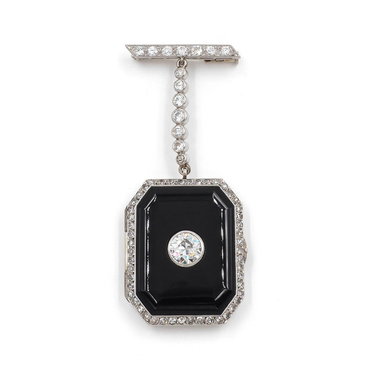 Art Deco 1.50 Ct. Old European Cut Diamond & Onyx Locket Brooch