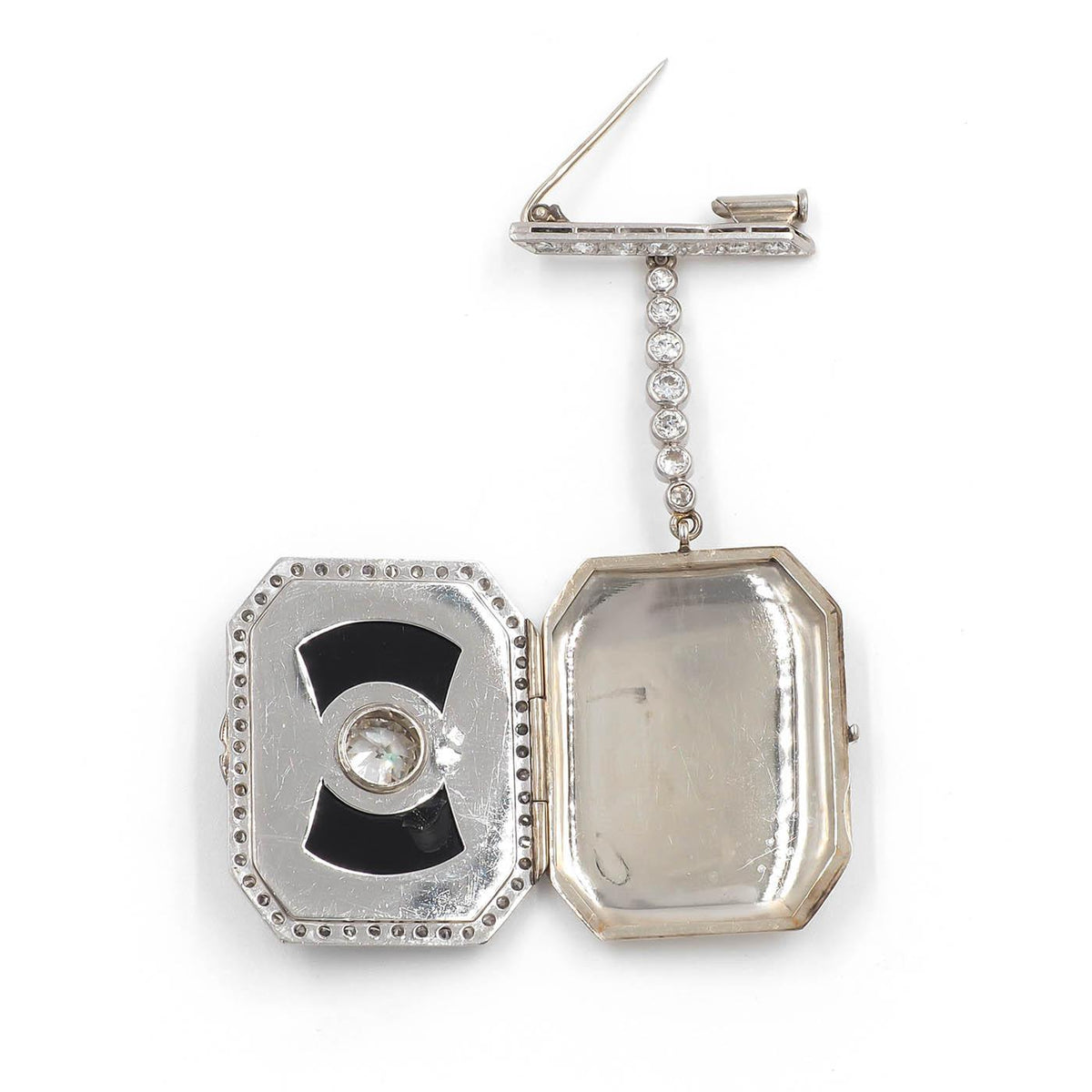 Art Deco 1.50 Ct. Old European Cut Diamond & Onyx Locket Brooch