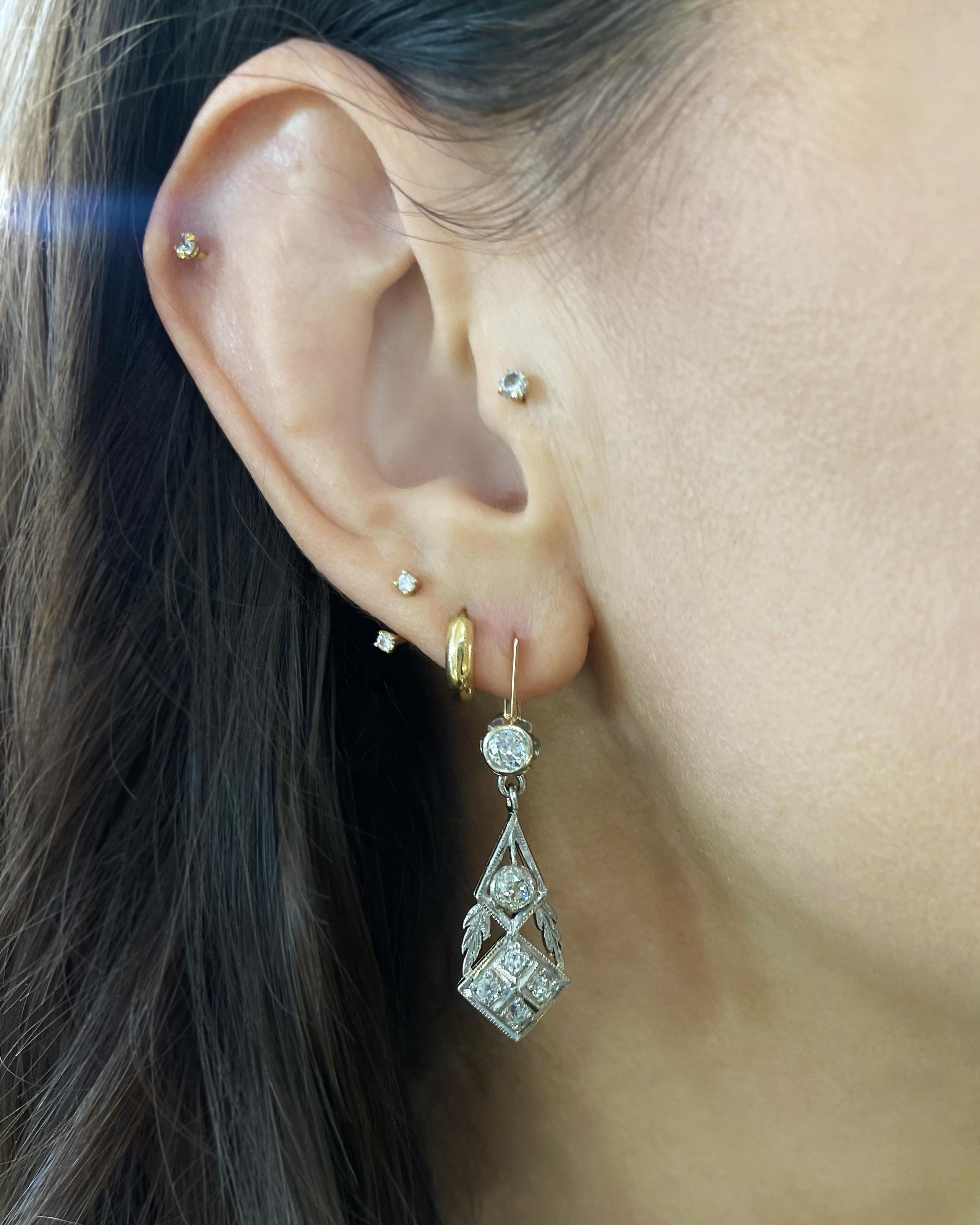 Late Art Deco 2.06 Ctw. Old European Cut Diamond Ornate Drop Earrings