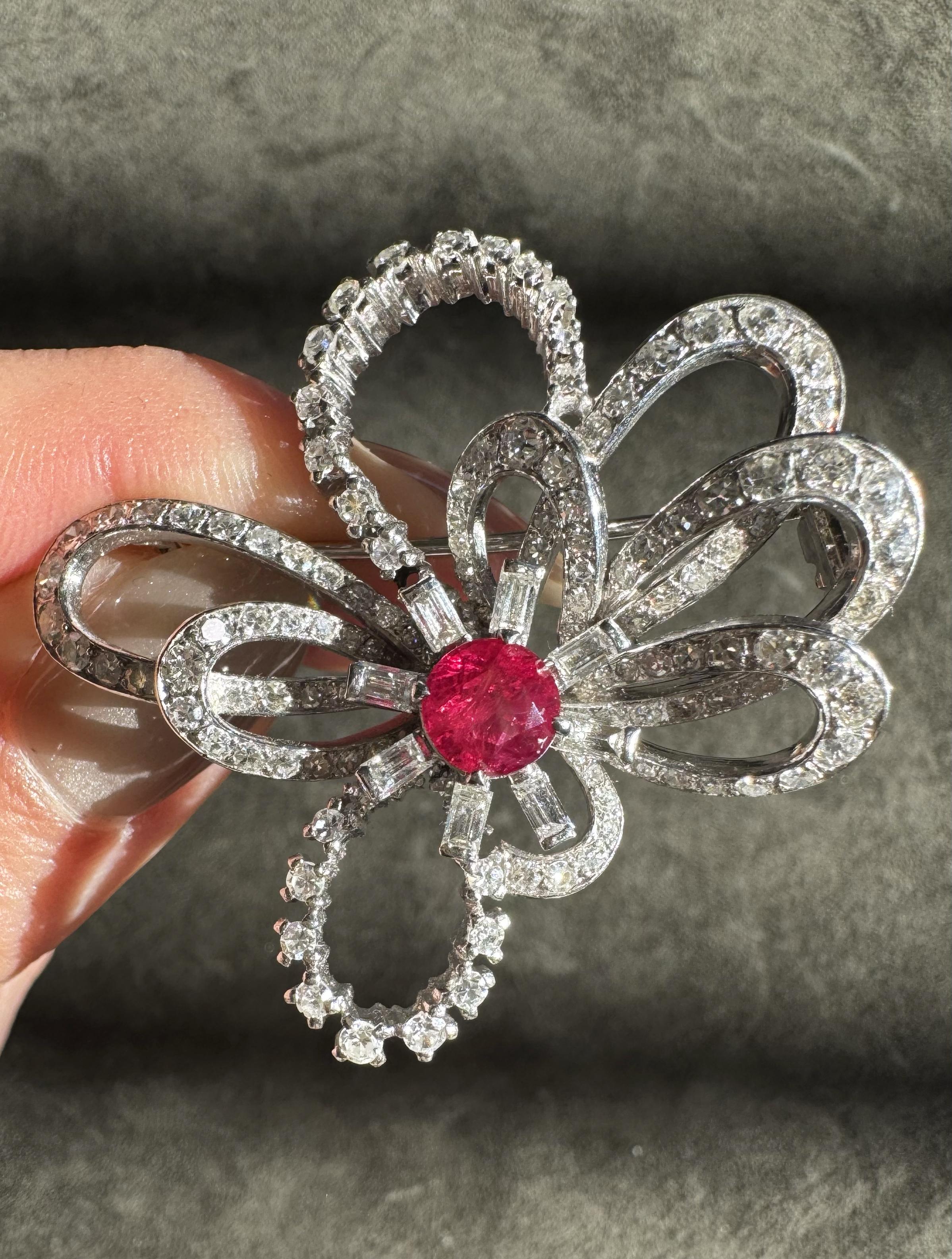 Mid-Century 1.31 Ct. Ruby & 2.75 Ctw. Diamond Bow Brooch
