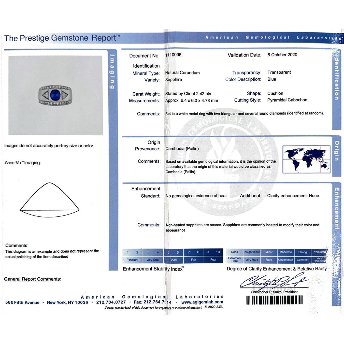 Mid-Century 2.42 Carat Pyramid Pailin Blue Sapphire & Diamond Ring