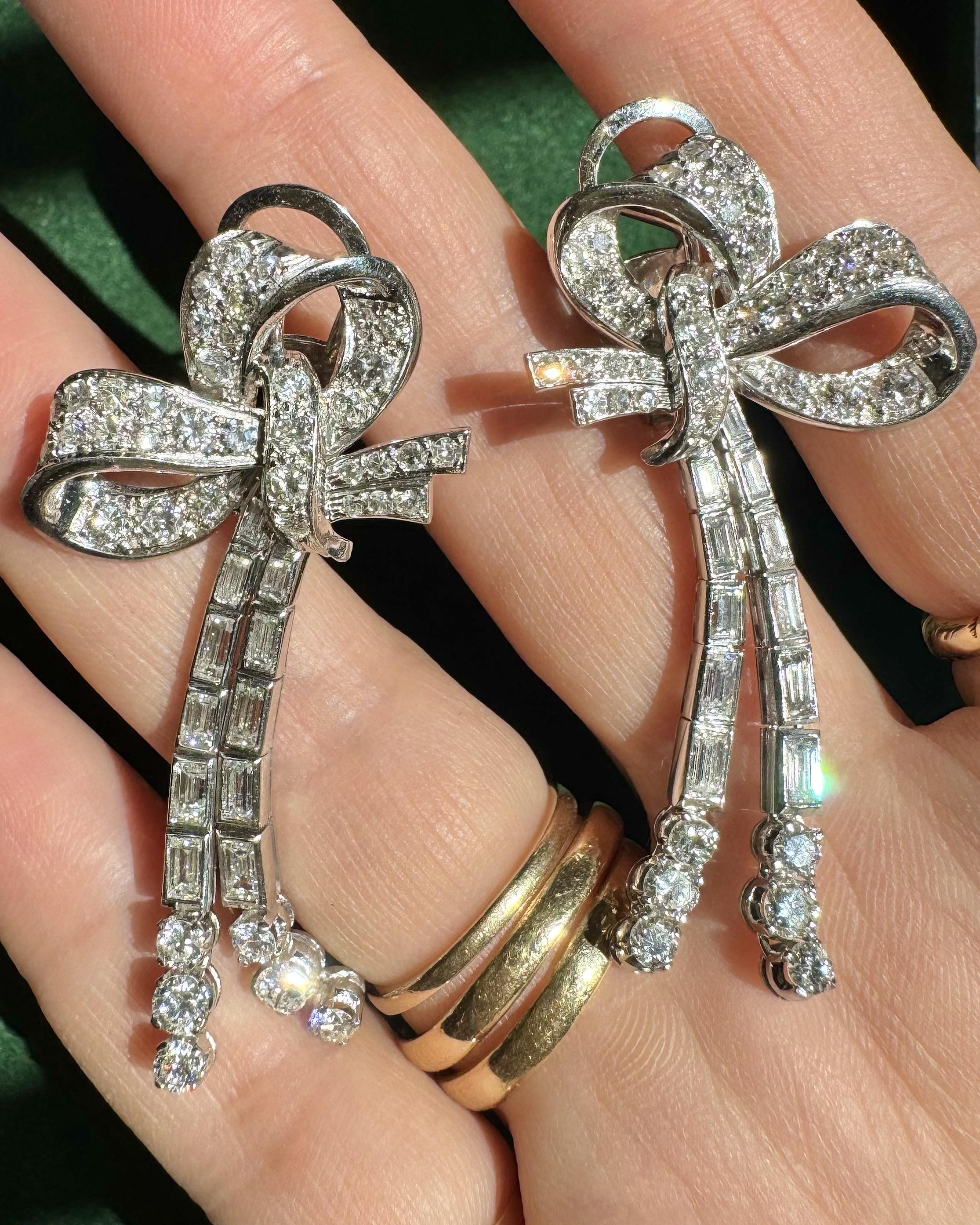 Mid-Century 4.79 Ctw. Diamond 'Bows' Dangling Earrings