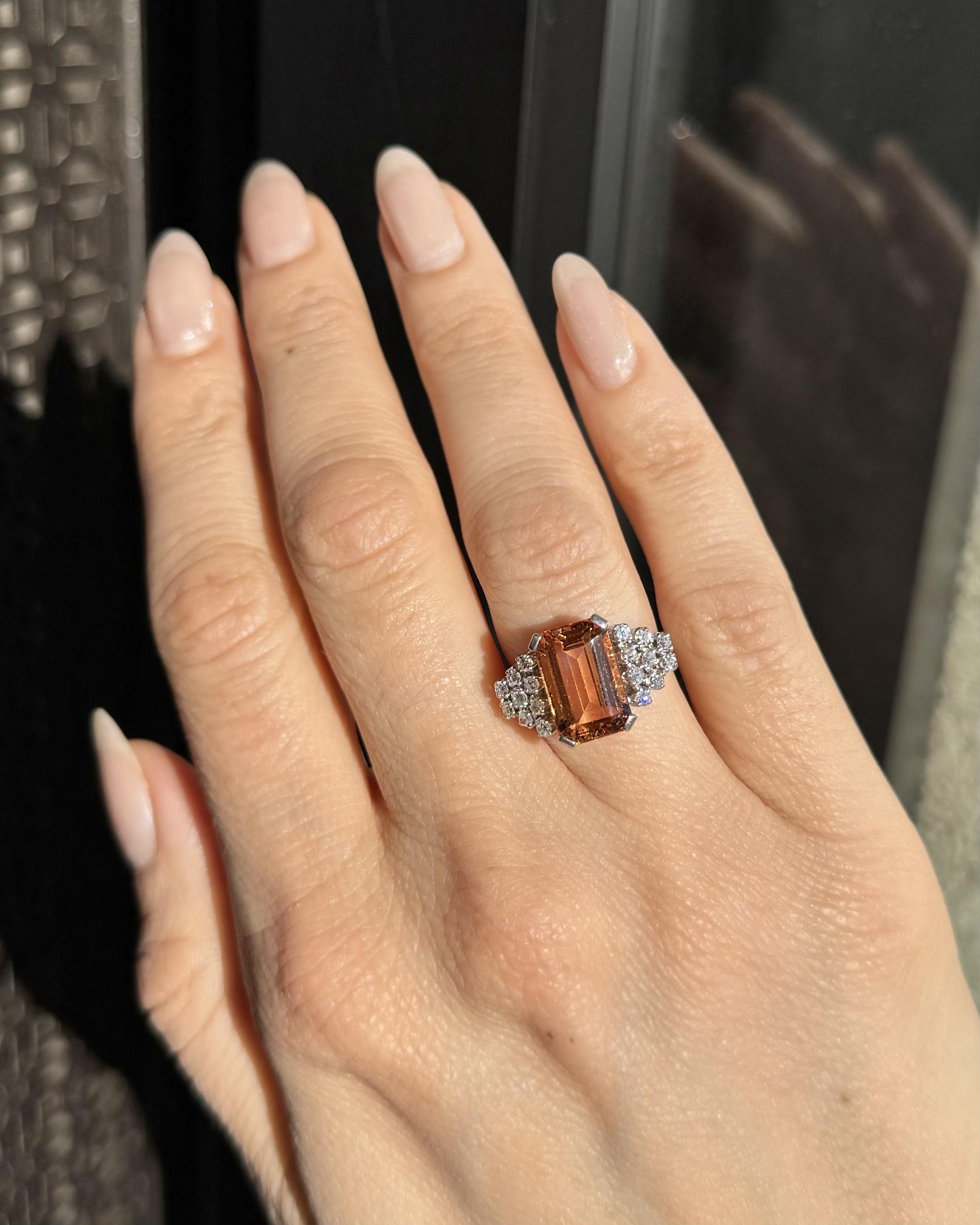 Mid-Century Vintage 5.56 Ct. Orange Topaz & Diamond Dinner Ring for Women  in natural sunlight