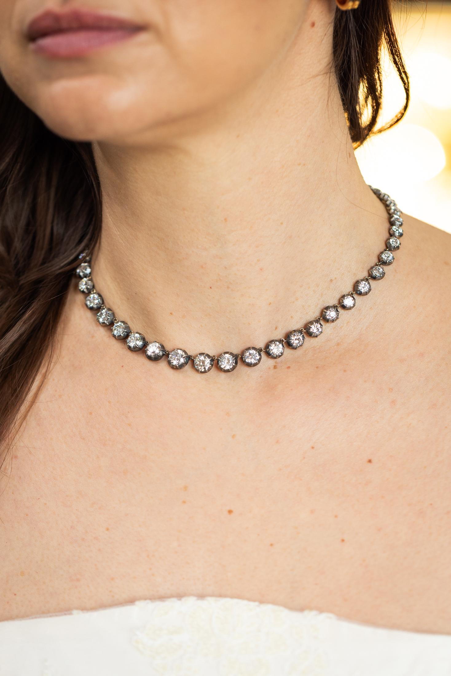 21.03 Ctw. Old Mine Cut & Old European Cut Diamond Rivière Necklace