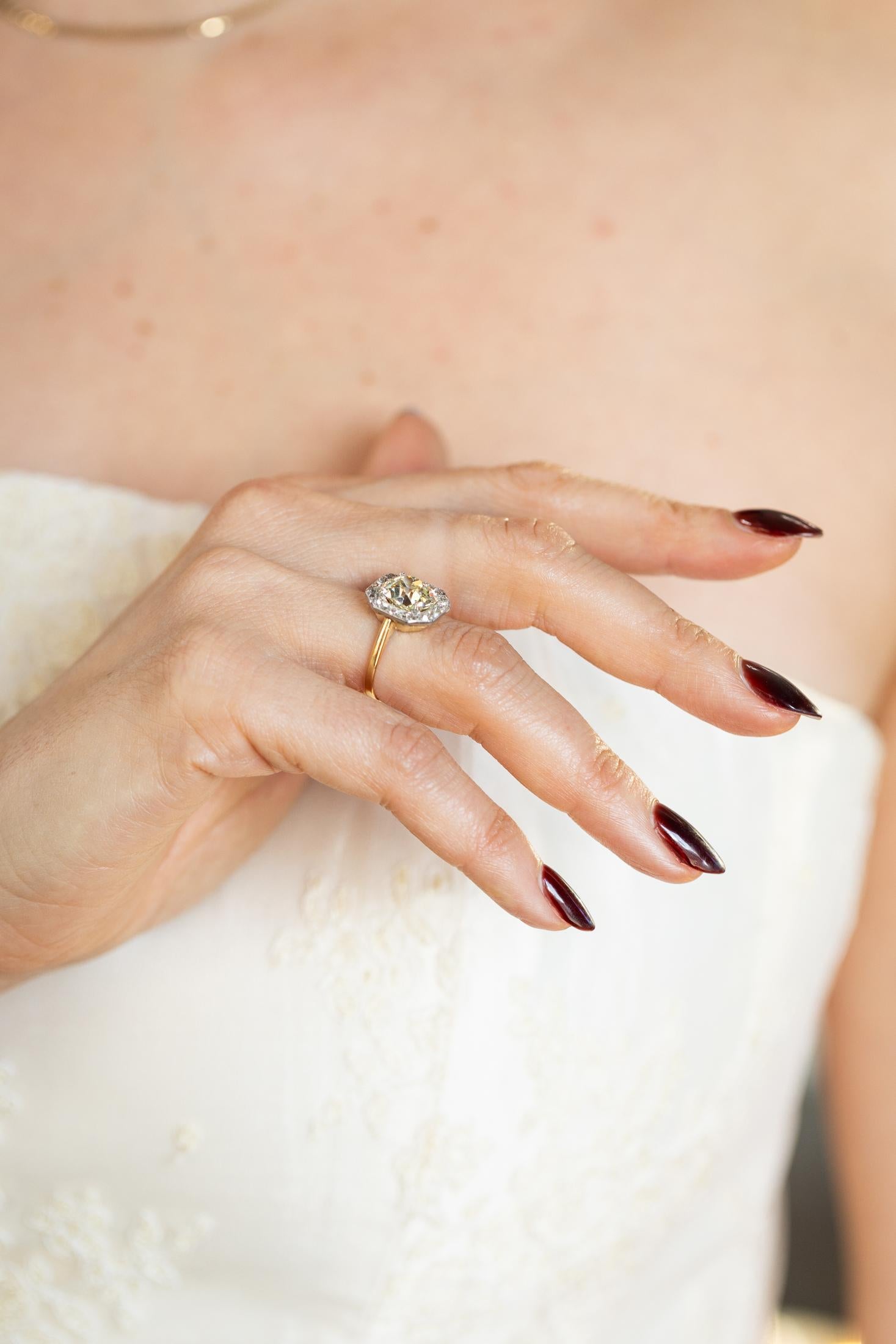 French Import Edwardian 4.14 Ct. Old Mine Cut Diamond Cluster Engagement Ring