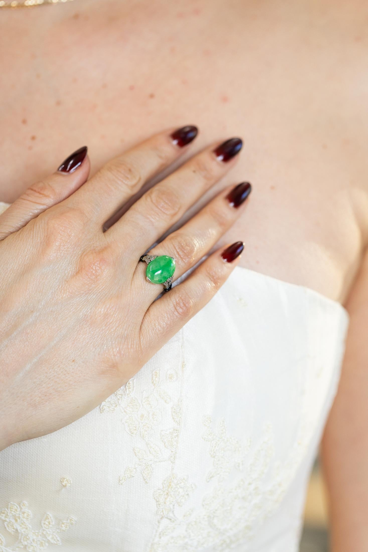 Art Deco Oval Jadeite, Diamond, & Enamel Ring