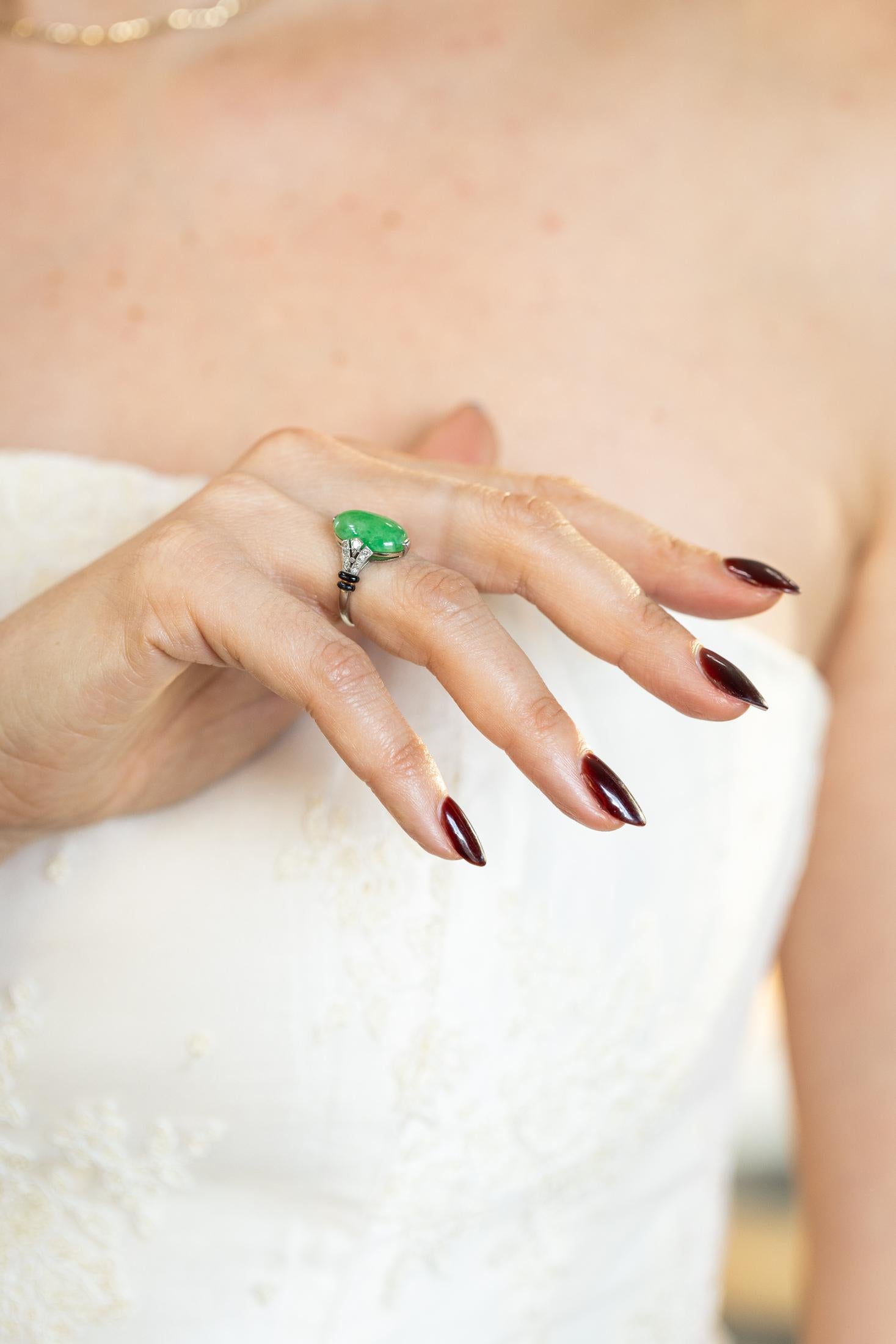 Art Deco Oval Jadeite, Diamond, & Enamel Ring
