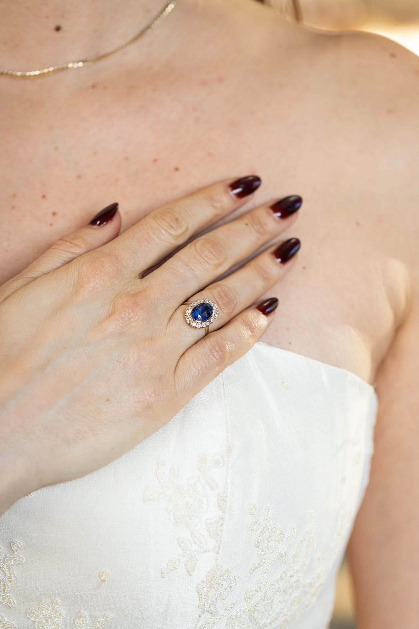 Victorian 4.39 Ct. Oval Sapphire & Diamond Cluster Engagement Ring