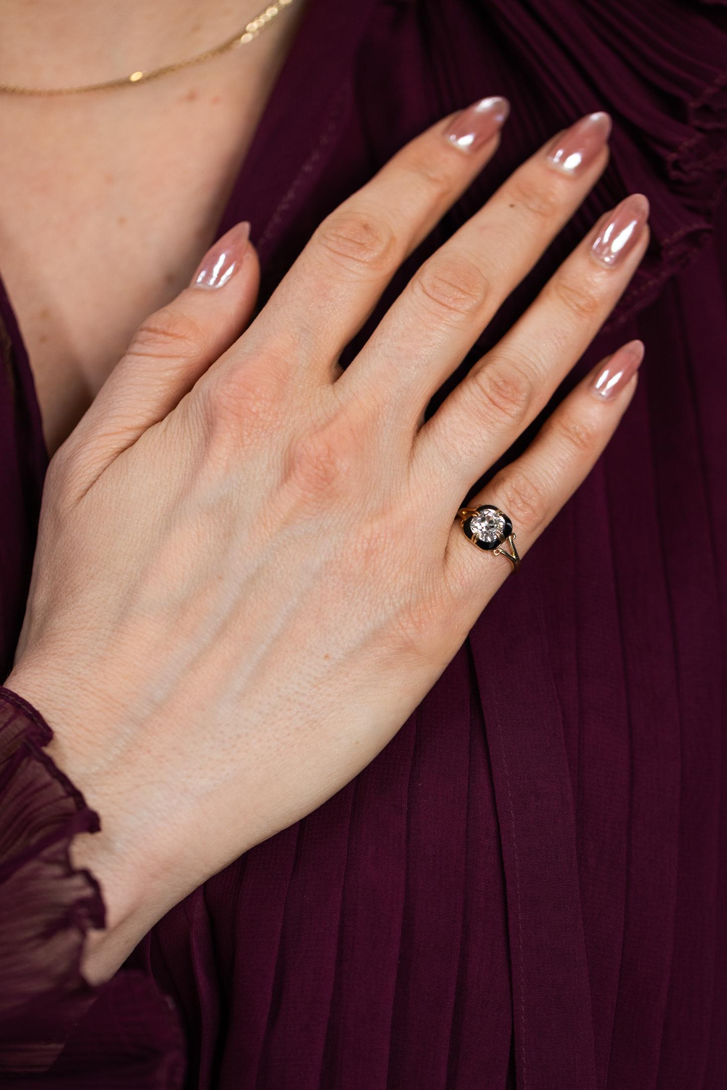 1.45 Ct. Old Mine Cut Diamond & Enamel Engagement Ring from Bespoke by Platt