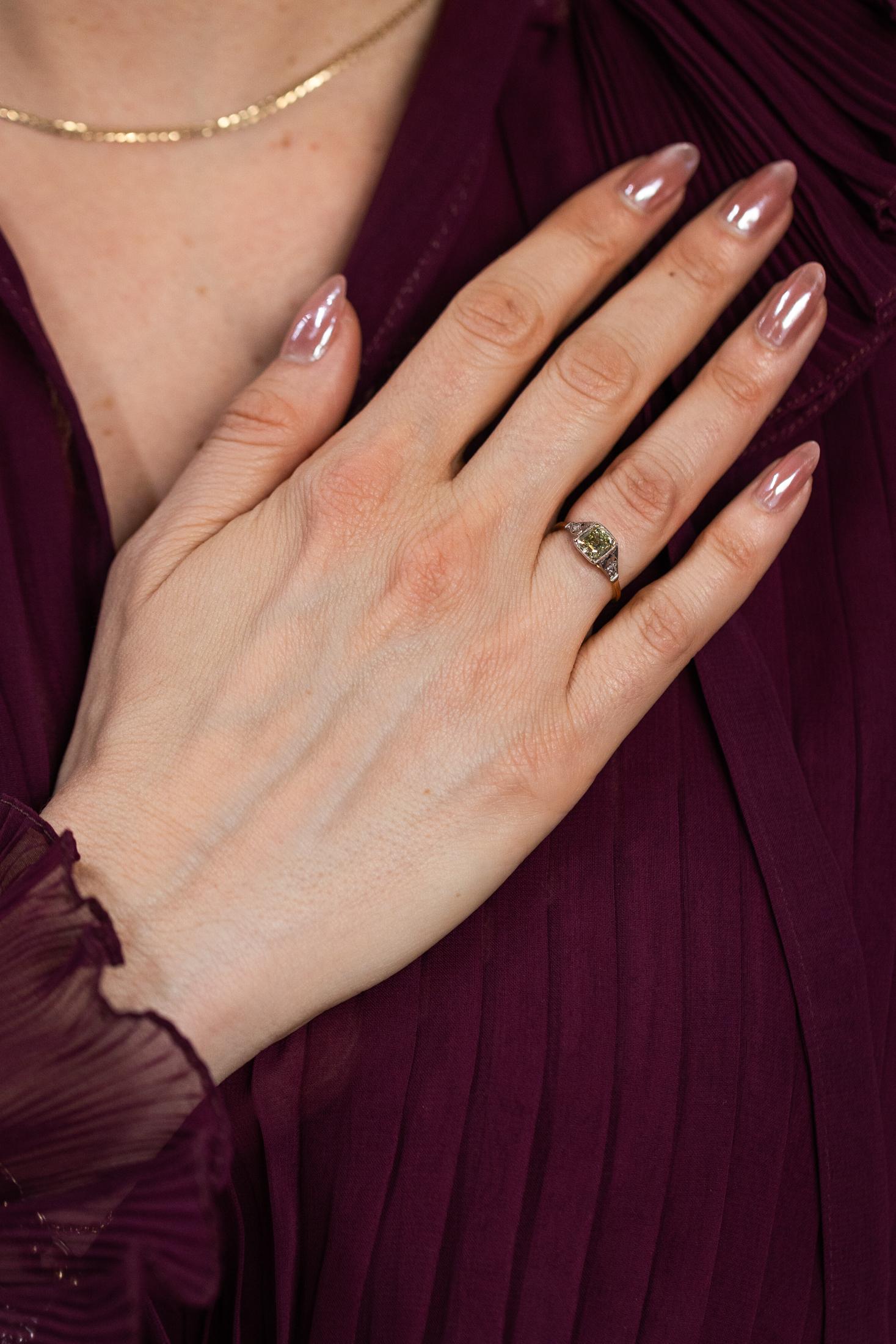 Art Deco 1.15 Ct. Emerald Cut Fancy Brownish Greenish Yellow Diamond Ring