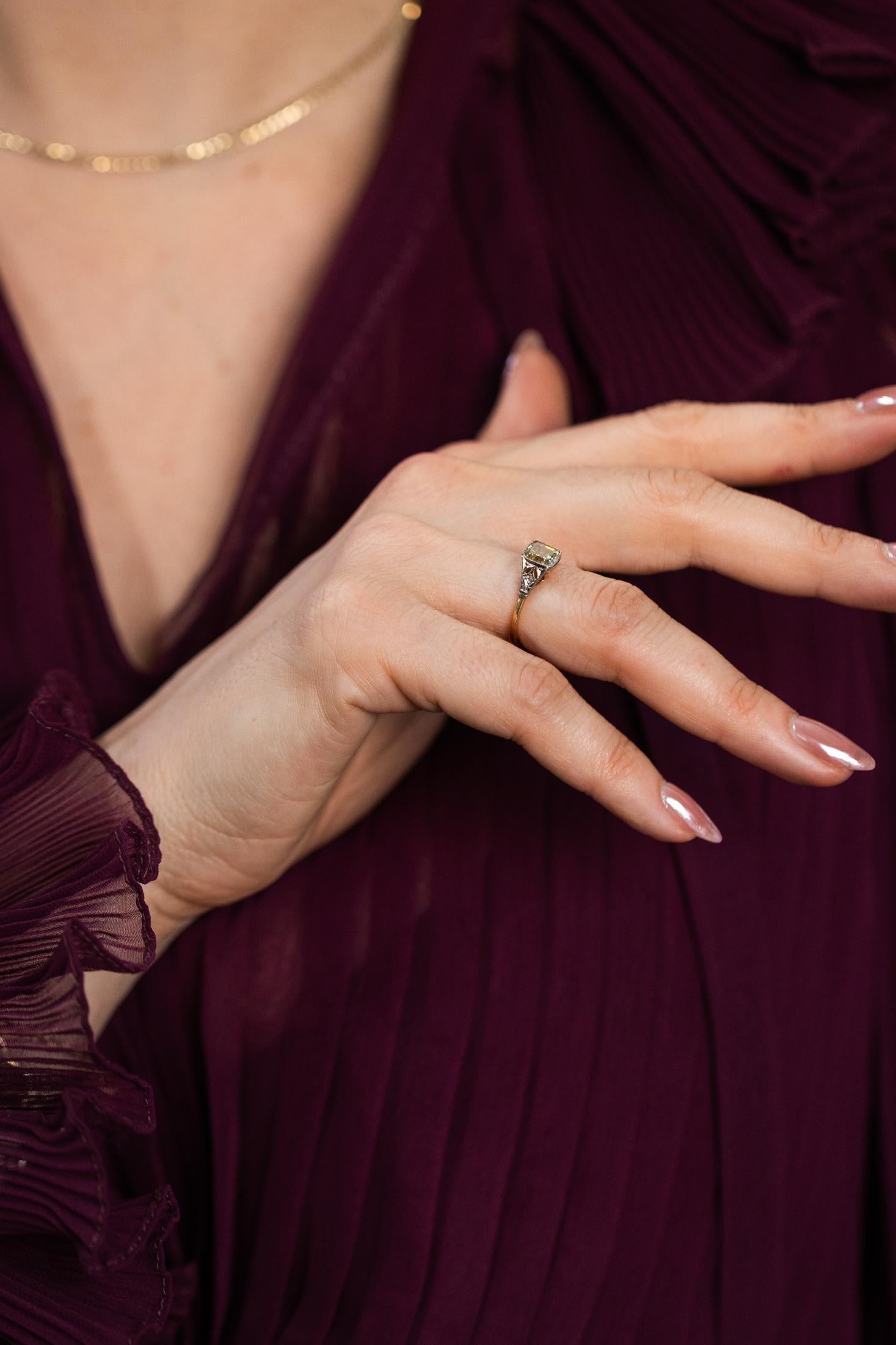 Art Deco 1.15 Ct. Emerald Cut Fancy Brownish Greenish Yellow Diamond Ring