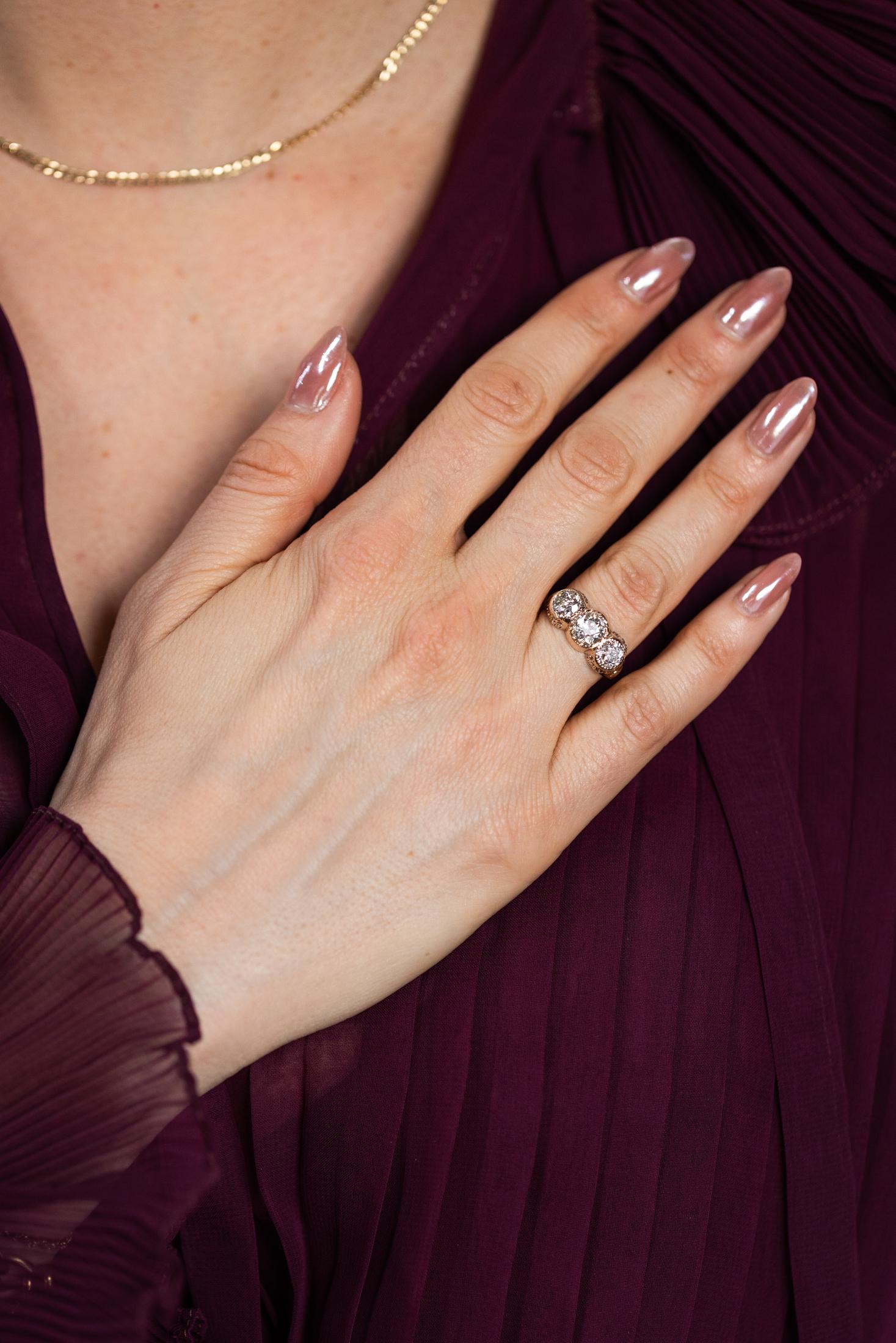 Victorian 0.96 Ct. Old European Cut Diamond Ornate 3-Stone Ring