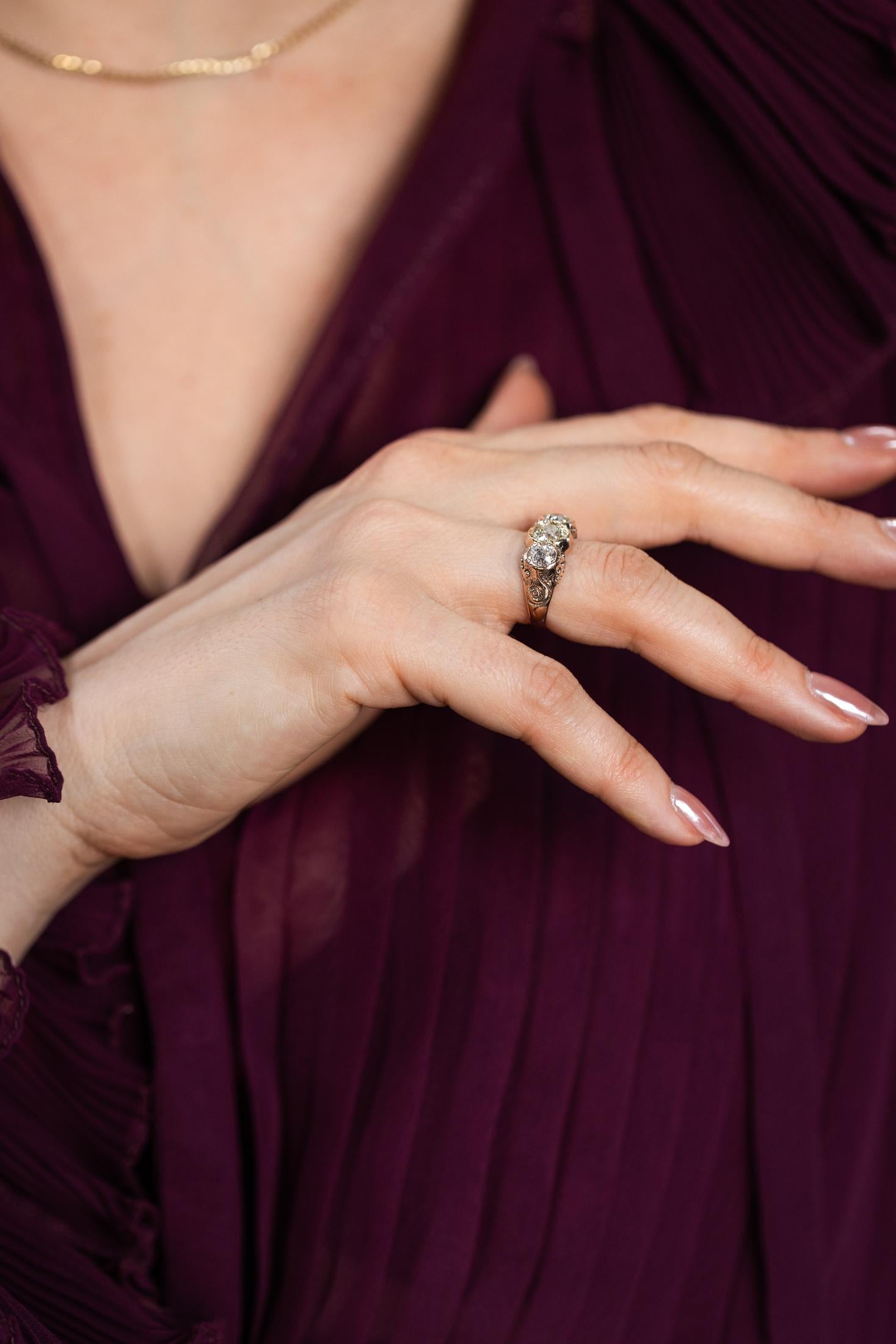 Victorian 0.96 Ct. Old European Cut Diamond Ornate 3-Stone Ring