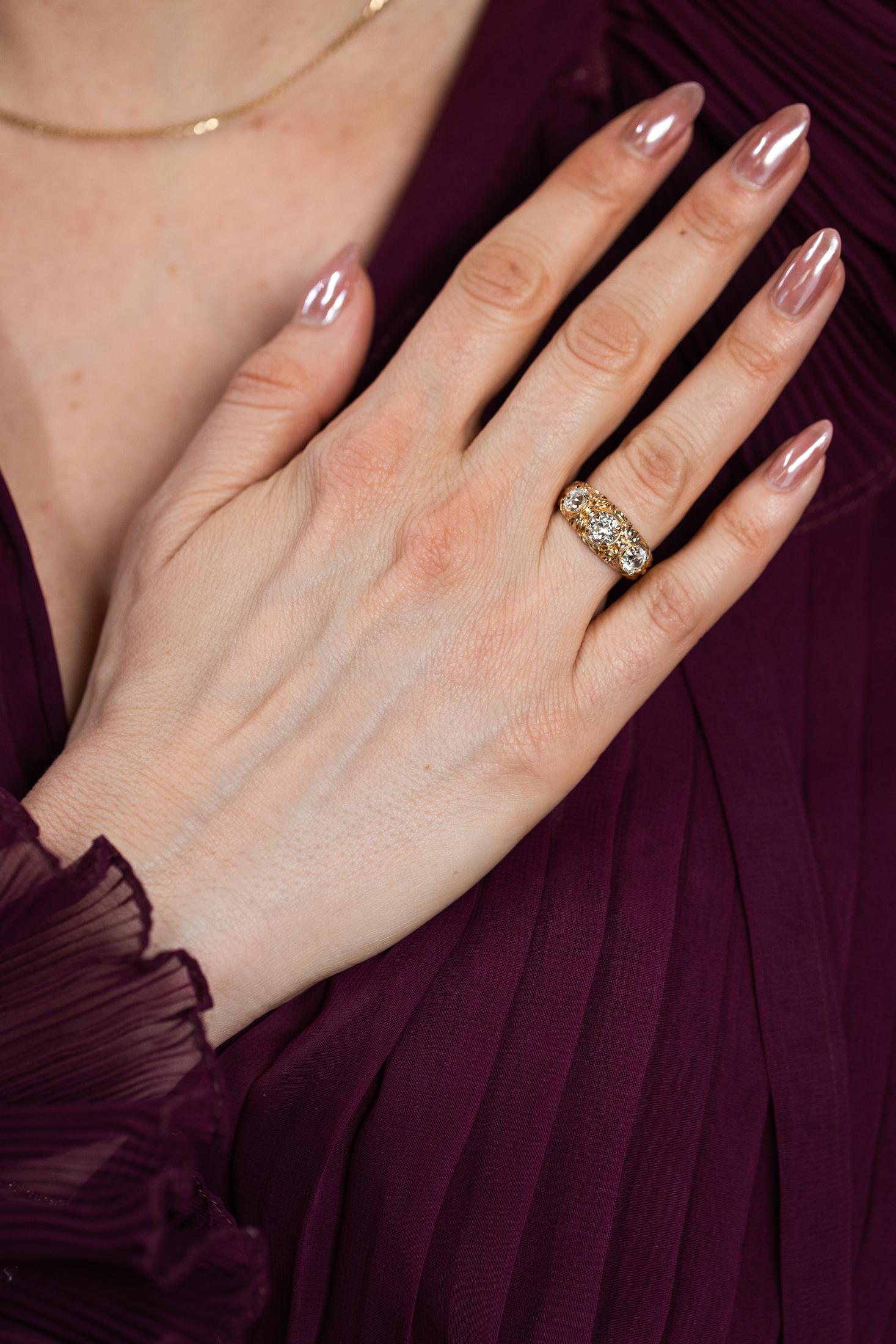 Victorian 0.83 Ct. Old European Cut Diamond Ornate 3-Stone Ring