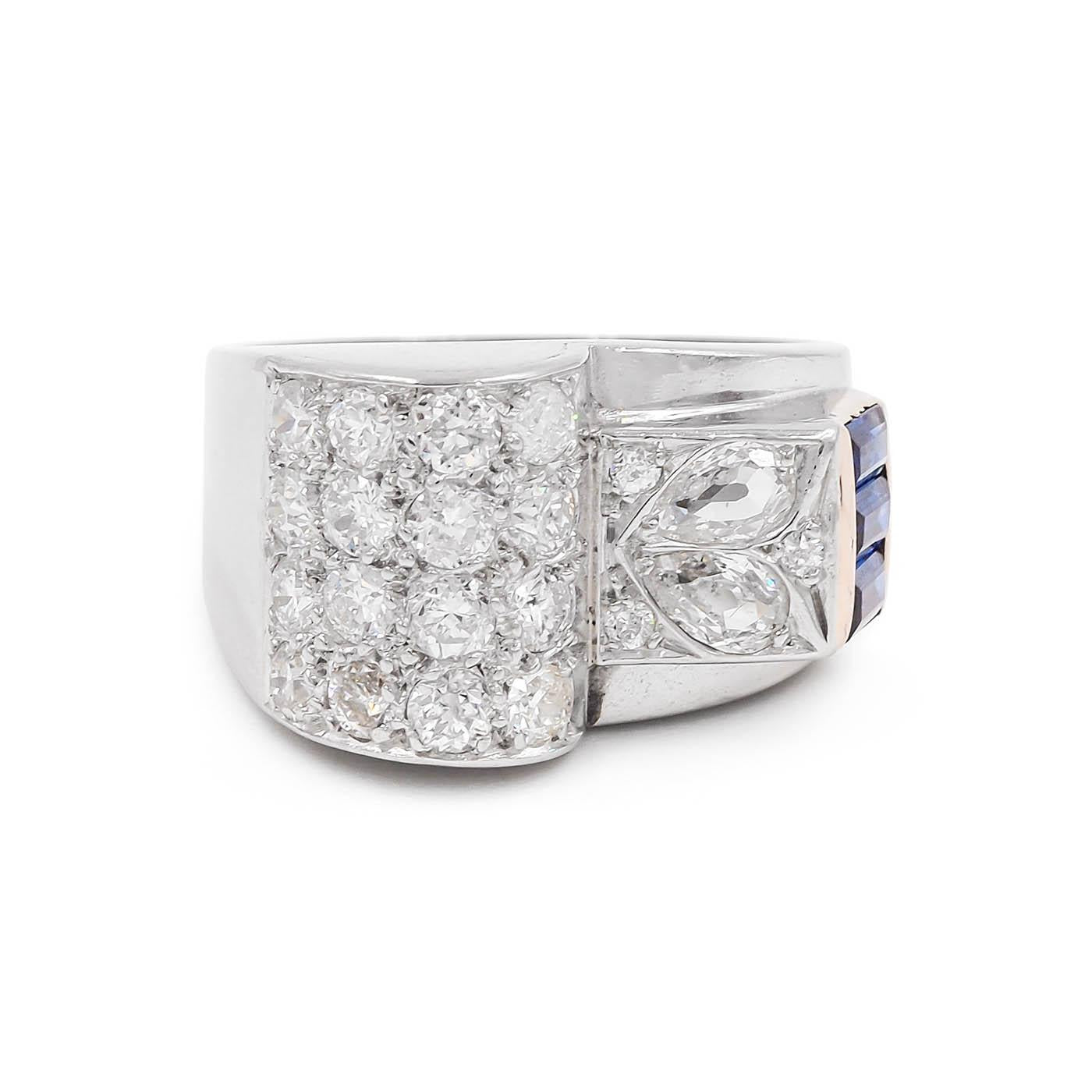 Retro Diamond & Sapphire Tank Ring