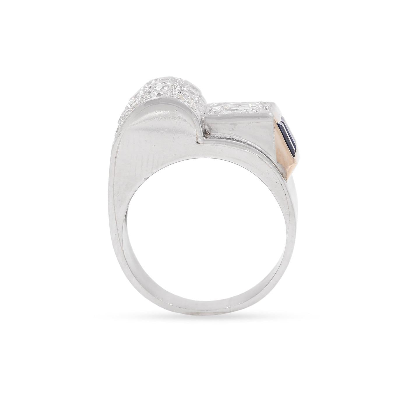 Retro Diamond & Sapphire Tank Ring